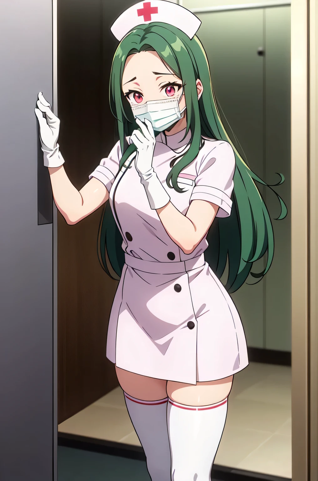 1woman, solo, nurse, white nurse cap, white nurse uniform, ((white legwear, zettai ryouiki)), white gloves, forehead, long hair, green hair, pink eyes, ((white surgical mask, covered nose)), standing, ((hospital room)), sharp outline, short sleeves, mature female, 35 years old, best quality, masterpiece