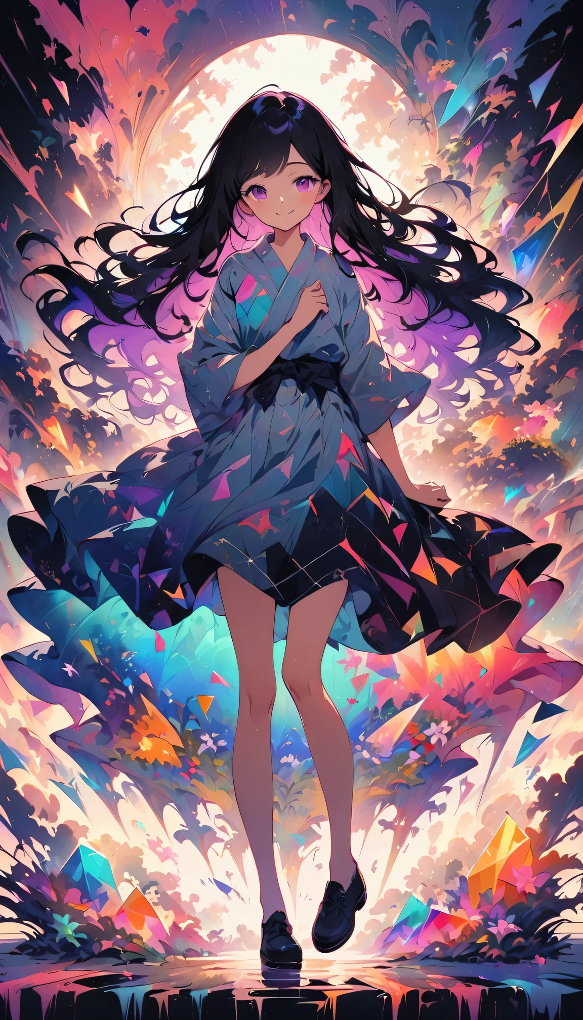 Seamless geometry,The art of splicing,Geometric puzzle style,cute girl, shining eyes, , happiness,Lovely smile, Colored inner hair, gradient hair, Double tail,Smooth lines, clean silhouette, (Full body and long legs:1.1), head to shoes,Geometric pattern yukata,Colorful geometric shapes around,bright colors,eye-catching composition,abstract pattern,Geometric symmetry,Shocking visual impact,blank background,artistic interpretation,expressive brushstrokes,Translucent layer,Contrasting tones,Warm and cold light exposure,Ethereal and magical atmosphere,seductive and charming scene
