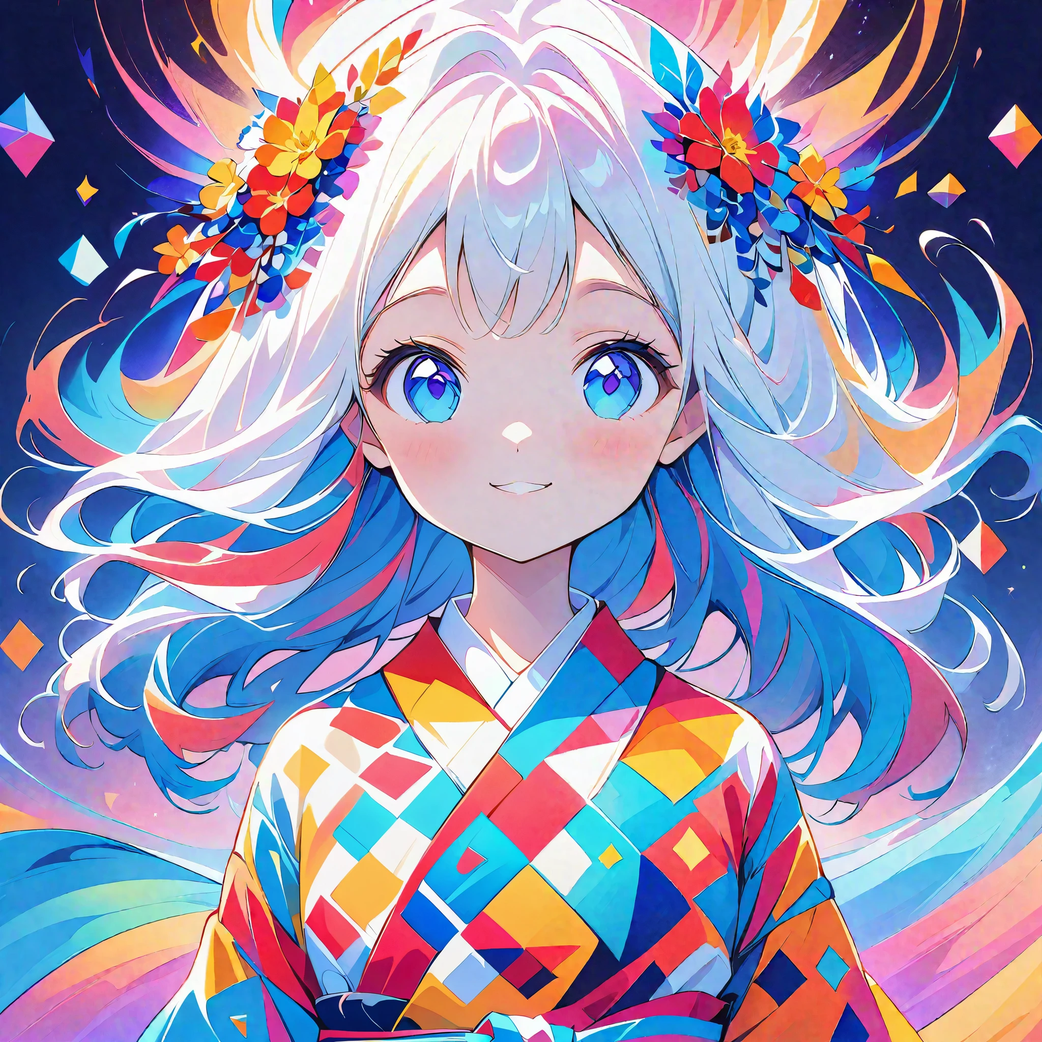 Seamless geometry,blank background,Geometric puzzle style,cute girl, shining eyes, 16 years old, happiness,Lovely smile,flowing hair,Light blue geometric pattern yukata,周围有colorful geometric shapes,bright colors,Fireworks flashing in the background,colorful geometric shapes,eye-catching composition,abstract pattern,Geometric symmetry,Shocking visual impact,artistic interpretation,expressive brushstrokes,Translucent layer,Contrasting tones,Warm and cold light exposure,Ethereal and magical atmosphere,seductive and charming scene