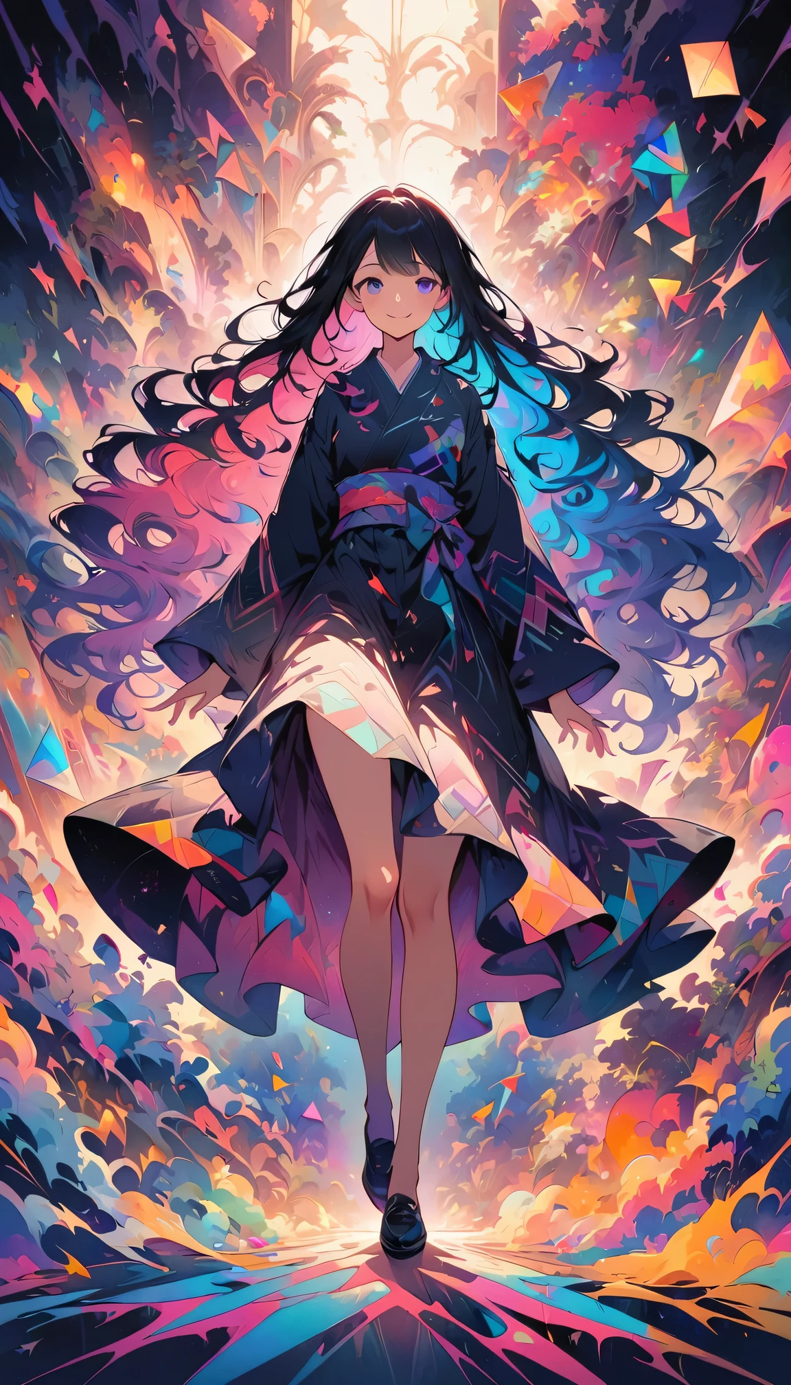 Seamless geometry,The art of splicing,Geometric puzzle style,cute girl, shining eyes, 16 years old, happiness,Lovely smile, Colored inner hair, gradient hair, Double tail,Smooth lines, clean silhouette, (Full body and long legs:1.1), head to shoes,Geometric pattern yukata,Colorful geometric shapes around,bright colors,eye-catching composition,abstract pattern,Geometric symmetry,Shocking visual impact,blank background,artistic interpretation,expressive brushstrokes,Translucent layer,Contrasting tones,Warm and cold light exposure,Ethereal and magical atmosphere,seductive and charming scene
