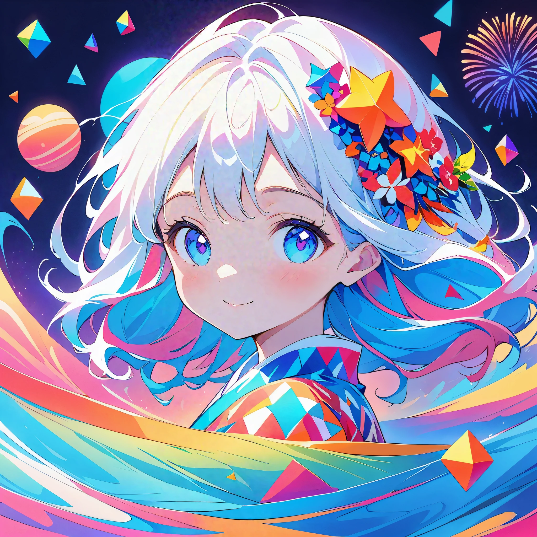 Seamless geometry,blank background,Geometric puzzle style,cute girl, shining eyes, , happiness,Lovely smile,flowing hair,Light blue geometric pattern yukata,周围有colorful geometric shapes,bright colors,Fireworks flashing in the background,colorful geometric shapes,eye-catching composition,abstract pattern,Geometric symmetry,Shocking visual impact,artistic interpretation,expressive brushstrokes,Translucent layer,Contrasting tones,Warm and cold light exposure,Ethereal and magical atmosphere,seductive and charming scene