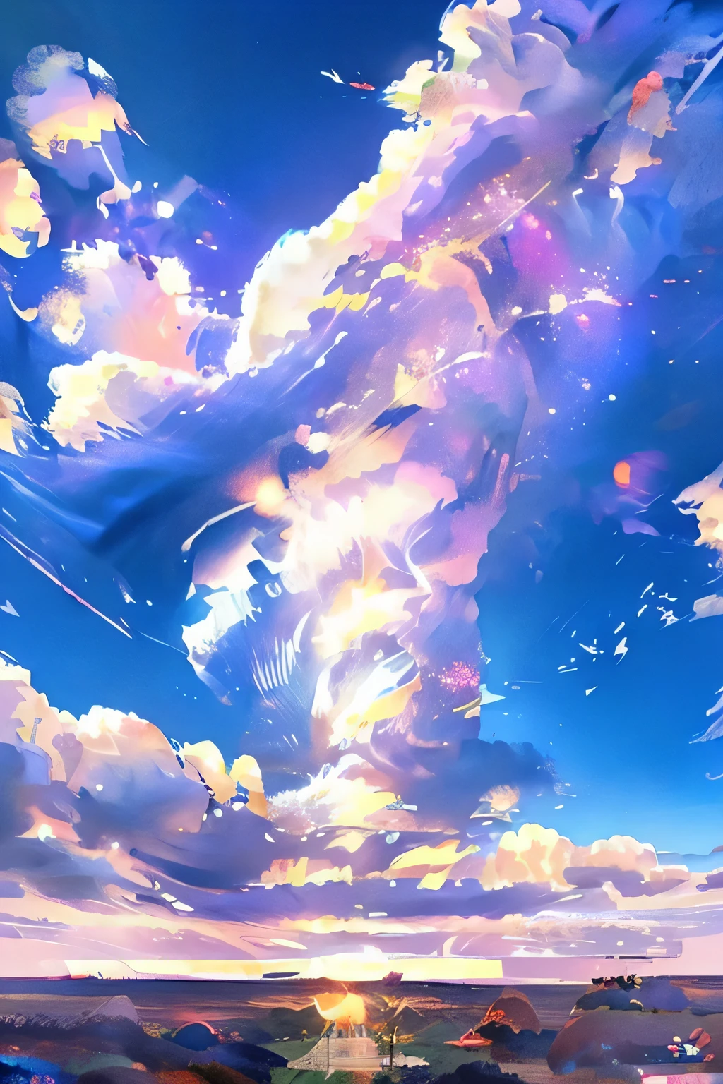 disorganized, High resolution, (official art, beautiful and aesthetic:1.2), Close a view, shining sky, vast world, an awe-inspiring expression, distant horizon, cloud, high hill, beauty of nature, Inspiration, light effect,