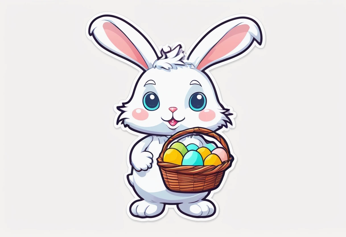 An animeshny anthropomorphic Easter bunny with a basket of colored eggs. Simple two-dimensional graphics in the style of stickers, simple pastel colors., sticker, 2d cute, fantasy, dreamy, vector illustration, 2d flat, centered, by Tim Burton, professional, sleek, modern, minimalist, graphic, line art, vector graphics