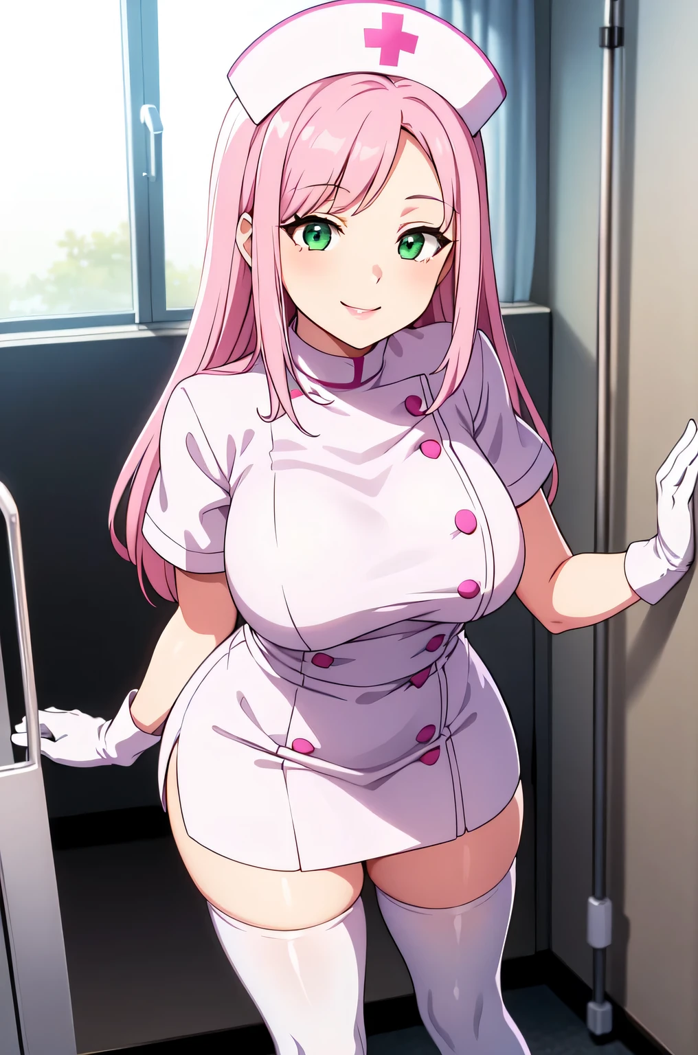 1woman, solo, nurse, white nurse cap, white nurse uniform, ((white legwear, zettai ryouiki)), white gloves, pink hair, green eyes, drooping eyes, pink lips, smile, standing, ((hospital room)), sharp outline, short sleeves, mature female, 32 years old, best quality, masterpiece