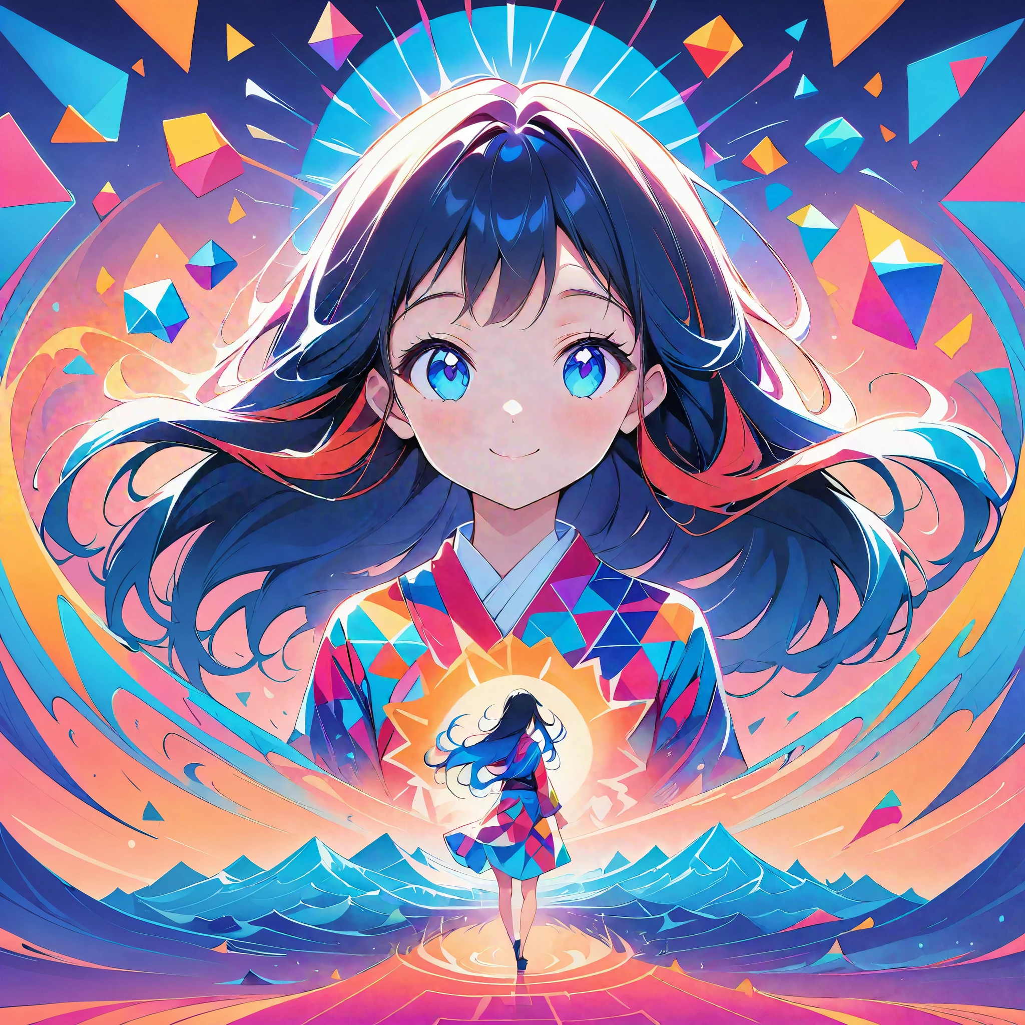 Seamless geometry,blank background,Geometric puzzle style,cute girl, shining eyes, , happiness,Lovely smile,flowing hair,Light blue geometric pattern yukata,周围有colorful geometric shapes,bright colors,Fireworks flashing in the background,colorful geometric shapes,eye-catching composition,abstract pattern,Geometric symmetry,Shocking visual impact,artistic interpretation,expressive brushstrokes,Translucent layer,Contrasting tones,Warm and cold light exposure,Ethereal and magical atmosphere,seductive and charming scene