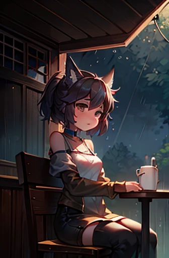 showing only the shoulders now above a girl sitting on a bench drinking coffee looking at the rain and a small radio on top of a chair com traços simpres