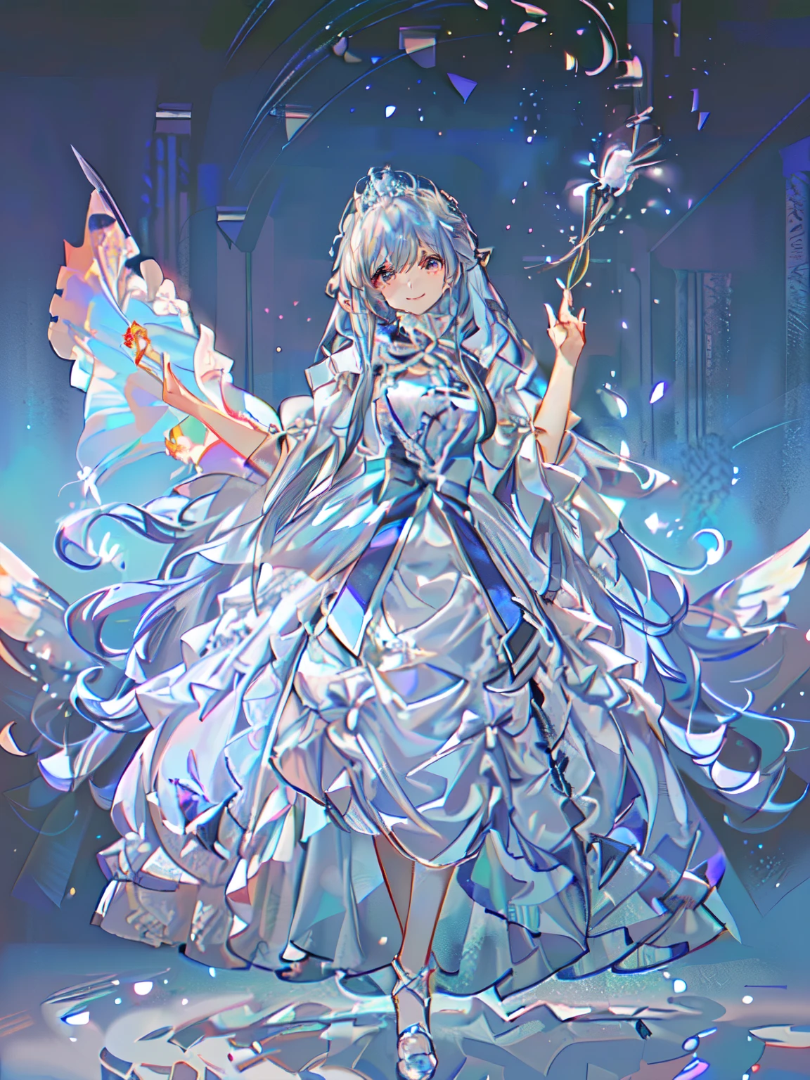 highest quality, Extremely detailed, beautiful, exquisite, 16k, Full HD, disorganized,soft expression,((light smile,Happy:1.5))((Sparkling fluffy layered ball gown)),A large and beautiful dress inspired by rose flowers, lots of flowers、frills、Intricate billowing ball gown with rhinestones ( table top, art station, fantasy art:1.2), See here,standing with an elegant smile，pastel colour,((giant white fairy wings))、gradient hair, light blue hair, hair blowing in the wind, wavy hair,fluffy hair,tiara,lavender eyes, long eyelashes, beautiful eyes、pale pink cheeks,pointy ears, bright pupils, long and thin legs, golden hour, bright light, warm lighting,