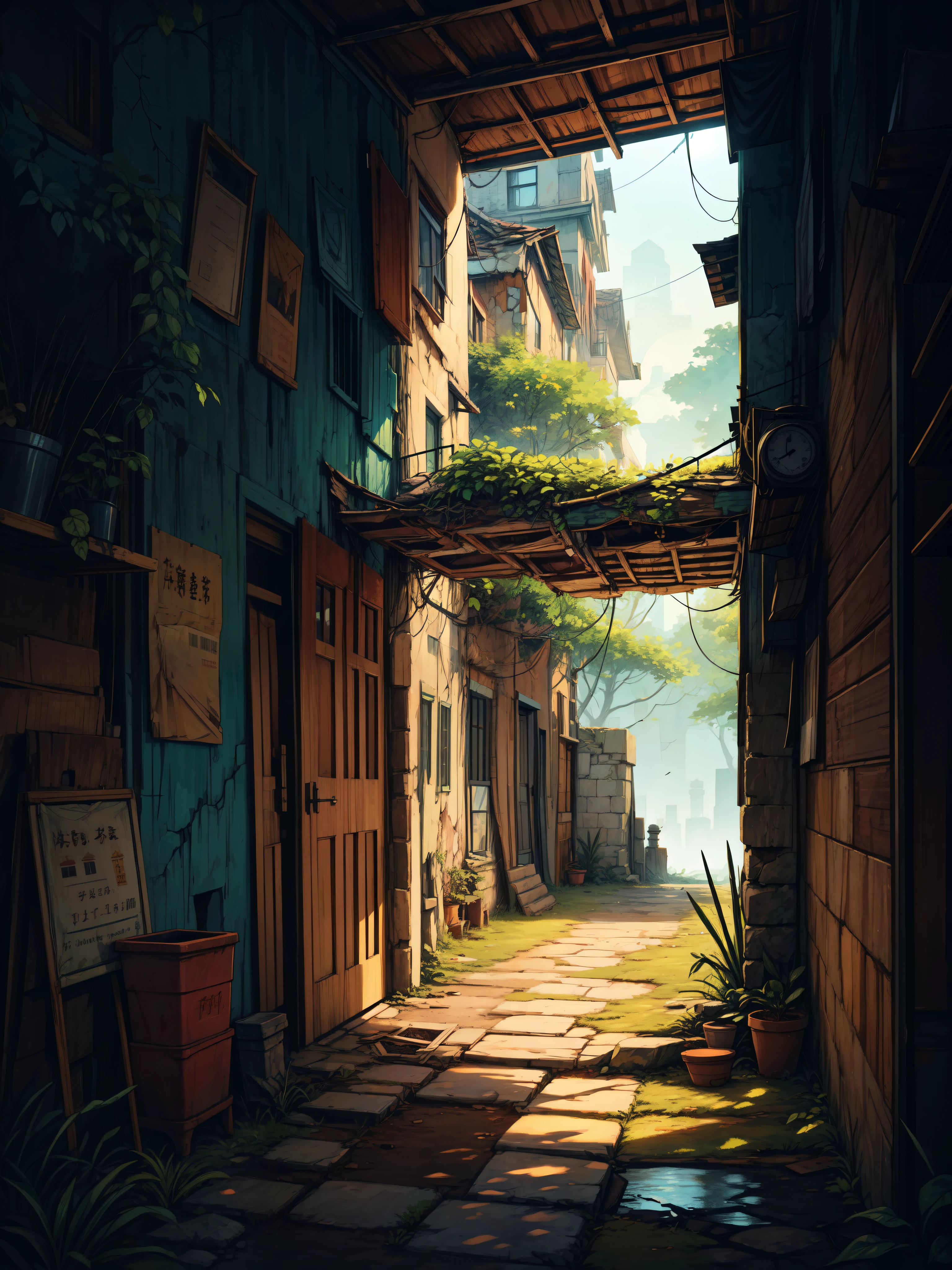 wide view, an abandoned broken indian apartment, shattered windows and doors, centuries old, indian village, muddy path, broken plant pots, nature taking over, big banyan tree, bright day light, stones and pebbles, cracked walls, faded paint, glow on foliage, bright volumetric light, vast wide sky, peaceful scene, light shining on part of foliage, micro landscape, intrinsic details