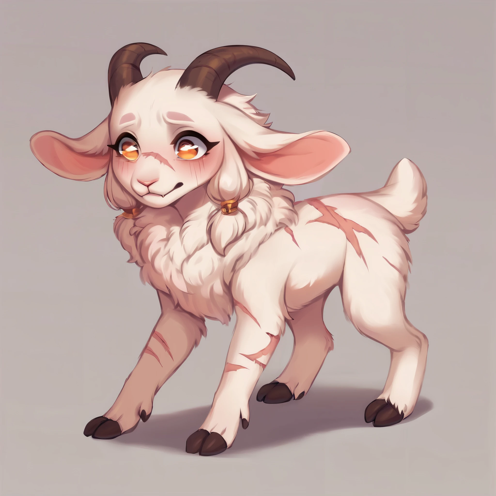 score_9, score_8_up, score_7_up, score_6_up, score_5_up, score_4_up, show accurate, full body, hungry body, simple background, feral goat, female goat, white fur, albino fur, single color fur, teenage goat, adorable face, goat horns, goat pupil, golden eyes, shy look, terrified look, mane covering the neck, small braids in her hair and mane, standing on all fours, many scars all body, long scars, scars on the face, 