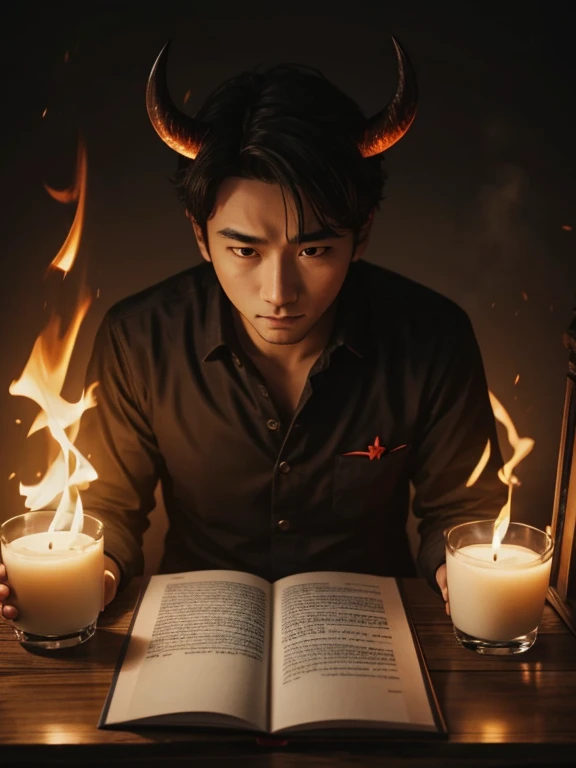 A demon surrounded by fire reading letters sent on a table.