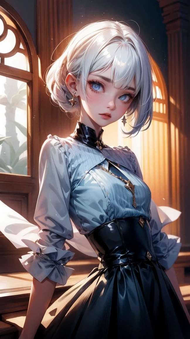 Cute Girl, cowboy shot,delicate face, shoot down, thick acrylic, illustration on pixiv, by kavasi, John Singer, Sargent, masterpiece, Upper body, king, one, boys, two hands, white eyes, white short hair,, pale white skin, pretty face, divine light, white, shirt, Rich details, high quality, scum,, degenerate,8K, Super detailed, Latest Pixiv, illustration, dynamic poses, dynamic angle,, Gorgeous light and shadow, transparency,, Detailed decoration, Detailed track, mystery,, fantasy, magic, shining,