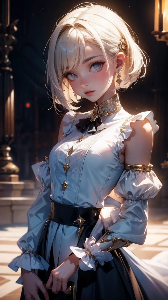Cute Girl, cowboy shot,delicate face, shoot down, thick acrylic, illustration on pixiv, by kavasi, John Singer, Sargent, masterpiece, Upper body, king, one, boys, two hands, white eyes, white short hair,, pale white skin, pretty face, divine light, white, shirt, Rich details, high quality, scum,, degenerate,8K, Super detailed, Latest Pixiv, illustration, dynamic poses, dynamic angle,, Gorgeous light and shadow, transparency,, Detailed decoration, Detailed track, mystery,, fantasy, magic, shining,