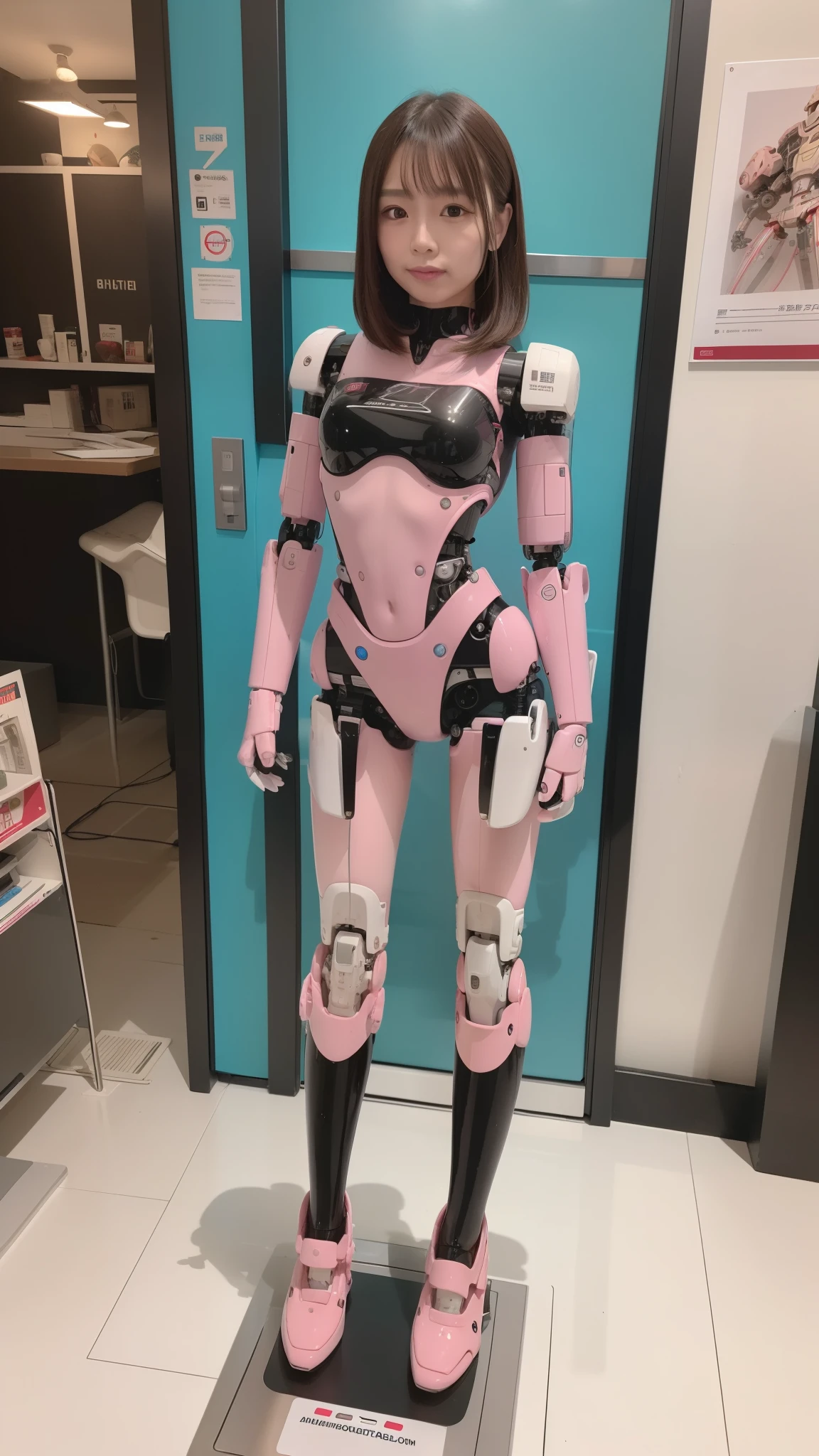 masterpiece, best quality, extremely detailed, (8K, 4K, Best Quality, Hight resolution, 超A high resolution:1.1), 8K portrait,1girl in, Japanese android girl, android teacher, control panels, android, Droid, Mechanical Hand, ,Robot arms and legs, Black hair, Mechanical body, Blunt bangs, Pink Robotics Parts, perfect robot woman, Charging spot, Long Tube, A thick cable was connected to her neck, ceramic body , android, robot humanoid, panty, full eyes, perfect mechanical body, pink robotics body, future assembly plant, Pink body, She has repaired, lack sponge joints, android assembly plant, android, laboratory, platform boots, perfect machine body, pink robot body