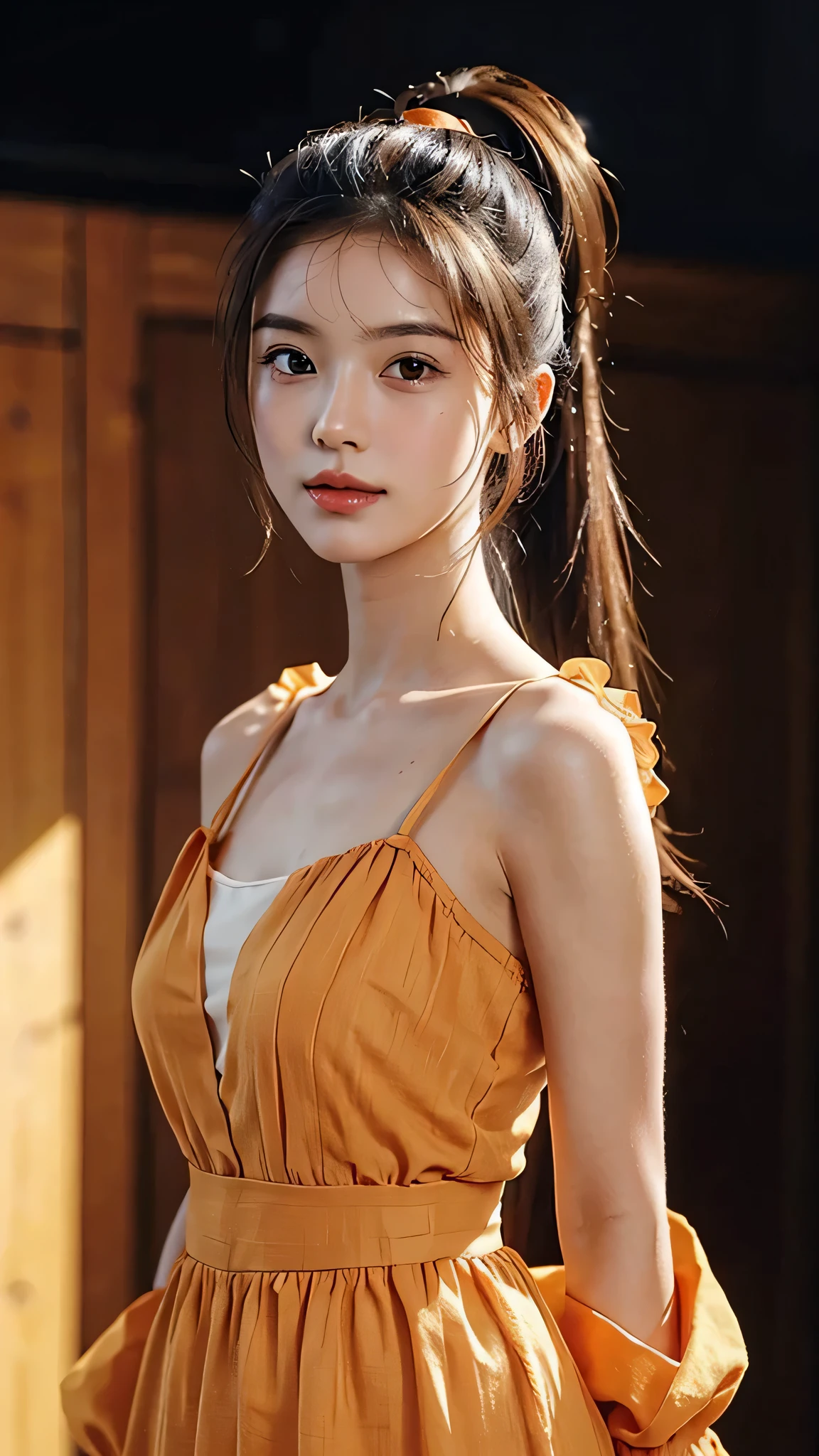 Orange colored long dress with lots of ruffles, softly shaped skirt,Spotlight on stage,close-up of face, One woman,fully body photo,masutepiece, The highest image quality, High quality, the background is clear，Beautiful woman, Japanese, Detailed, Detailed eyes, Detailed skin, Beautiful skin, 超hight resolution, (reality: 1.4),Very beautiful woman, Slightly younger face, Beautiful skin, slender, (Ultra photo realsisim), (hight resolution), (8K), (Very detailed) (beautifully detailed eyes), (super detailed),   (Detailed face), view the viewer, Fine details, Detailed face, Staring straight ahead, Staring straight ahead, photos realistic, Bright lighting, Professional Lighting, Black hair,poneyTail,a ,sixteen ye is ponytail,long ponytail hairstyle,slight smile,