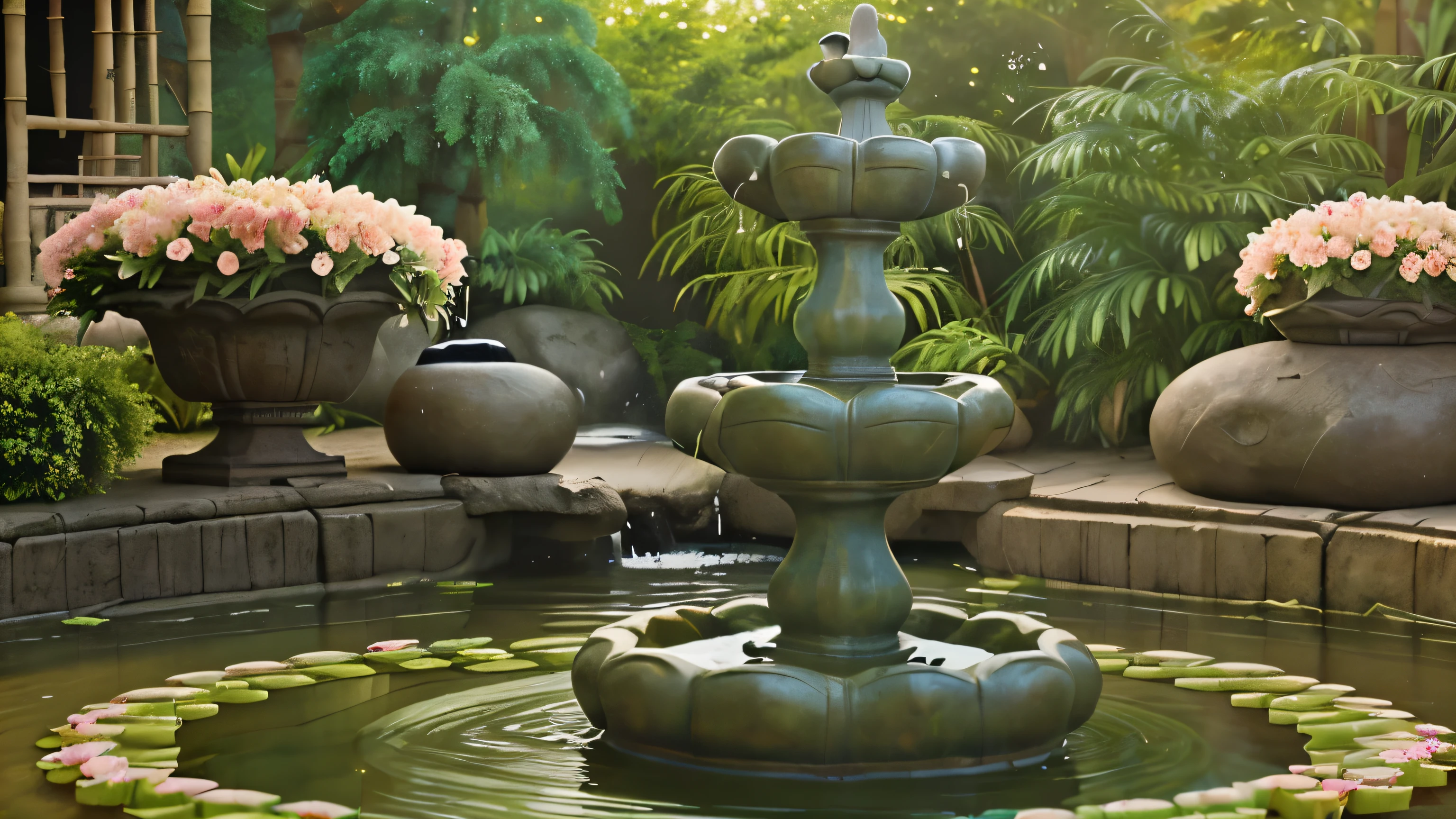beautiful palce for yoga and healing, with bamboo fountain and beautiful flowers full color flowers, pond, statue, realistic illustration, 8k
