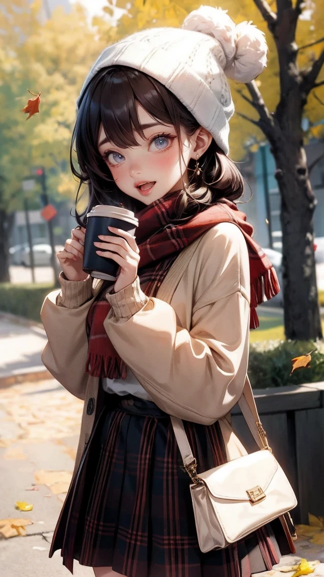 Cute Girl, cowboy shot,1girl, autumn leaves, bangs, black headwear, blurry background, blush, brown eyes, brown hair, brown scarf, brown skirt, cardigan, coffee, cowboy shot, cup, disposable cup, drink, falling leaves, beanie, holding, holding drink, leaf, long hair, long sleeves, looking at viewer, open cardigan, open mouth, plaid, plaid skirt, y long sleeves, red sweater, scarf, shirt, shirt tucked in, sidelocks, skirt, smile, solo, sweater, white shirt, extremely detailed, intricate, masterpiece, absurdres