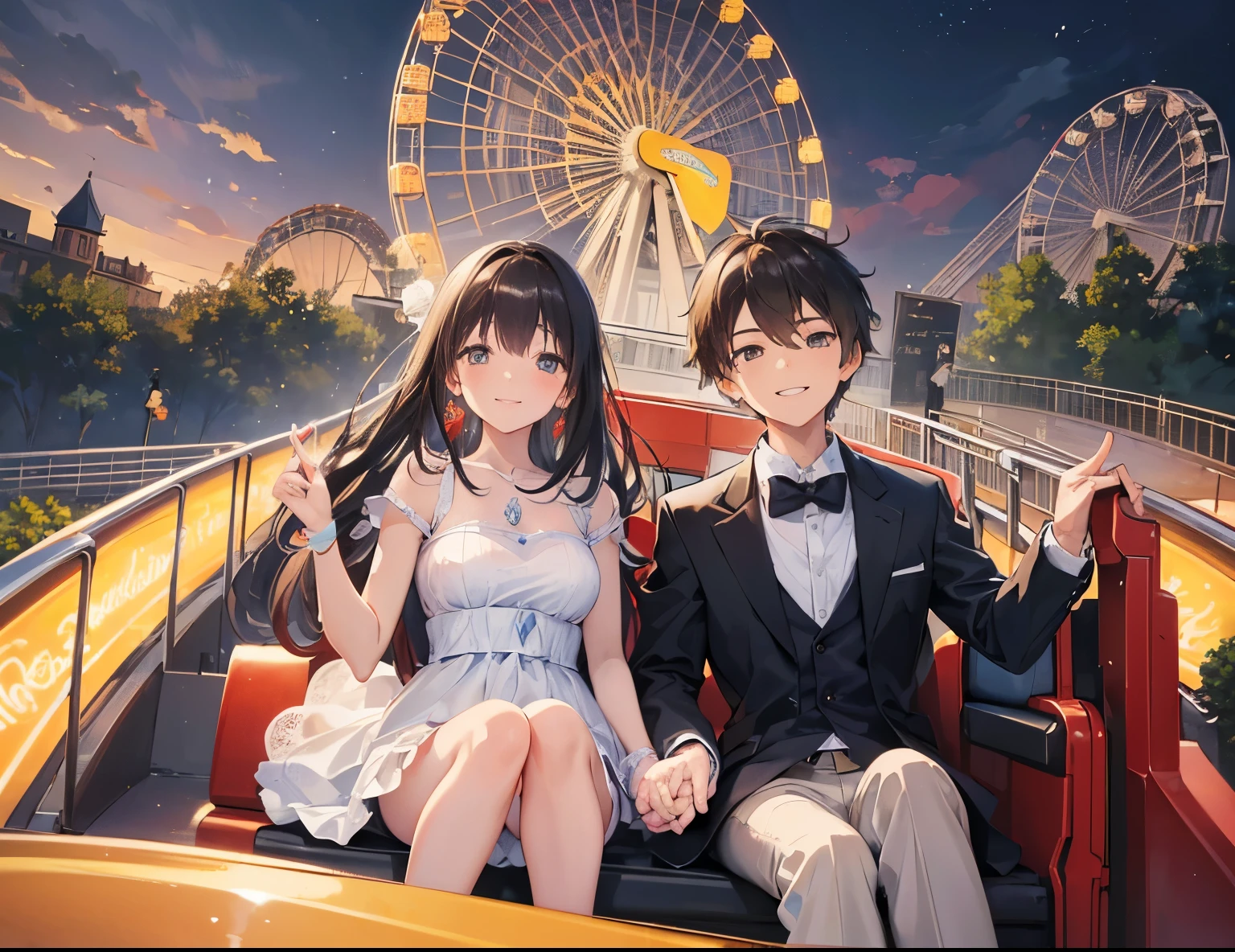 ((Best quality, A high resolution, Masterpiece:1.2)), (Romantic), (couple:1) ,(Clear facial features), (happy smile), a couple having a date in an amusement park, amusement park, in front of ferris wheel, rollercoaster, smile, laugh, romantic atmosphere, Romantic couple, the couple has the same height, landscape
