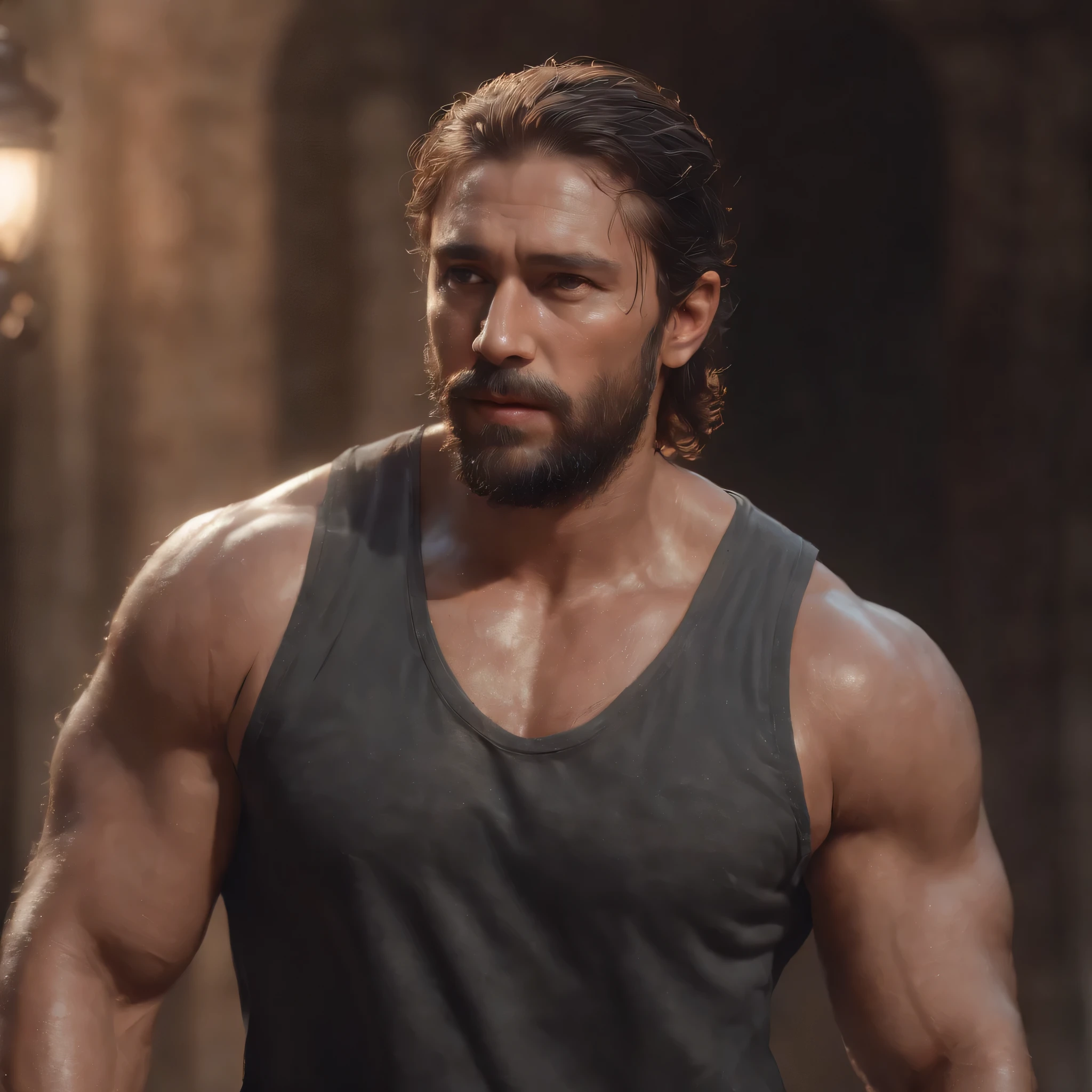 (professional 3d rendering:1.3) de (realista:1.3) foto de arte mais bonita do mundo，recursos suaves, brilliant male heroes, ((Rough epic hero fantasy muscular man wet hero angry look long hair short beard and fierce expression in dynamic pose, Fantastic location, majestoso ambiente desordenado)), corpo inteiro 8k unidade render, action photo, poros da pele, very dark lighting, sombreamento pesado, circunstanciado, rosto detalhado, (Vibrando, Fotografia realista, realista, dramatic, Escuro, sharp focus, 8k), (Roupas de couro velhas danificadas pelo mau tempo:1.4), ((((Use peles)))), (intrincado:1.4), decadente, (altamente detalhado:1.4), Pintura digital, octane rendering, art stations, conceito-arte, liso, sharp focus, illustration, germe da arte, (lazy:0.23), wlop ilya kuvshinov, e Greg Rutkowski e Alphonse Muito obrigado, (Global illumination, studio light, light volumetric), chuva forte, floating particles, patife, fantasia, Nosso, Corpo inteiroesbiano, ((Fundo escuro e antigo da cidade:1.3)),CGSesociedade,art stations