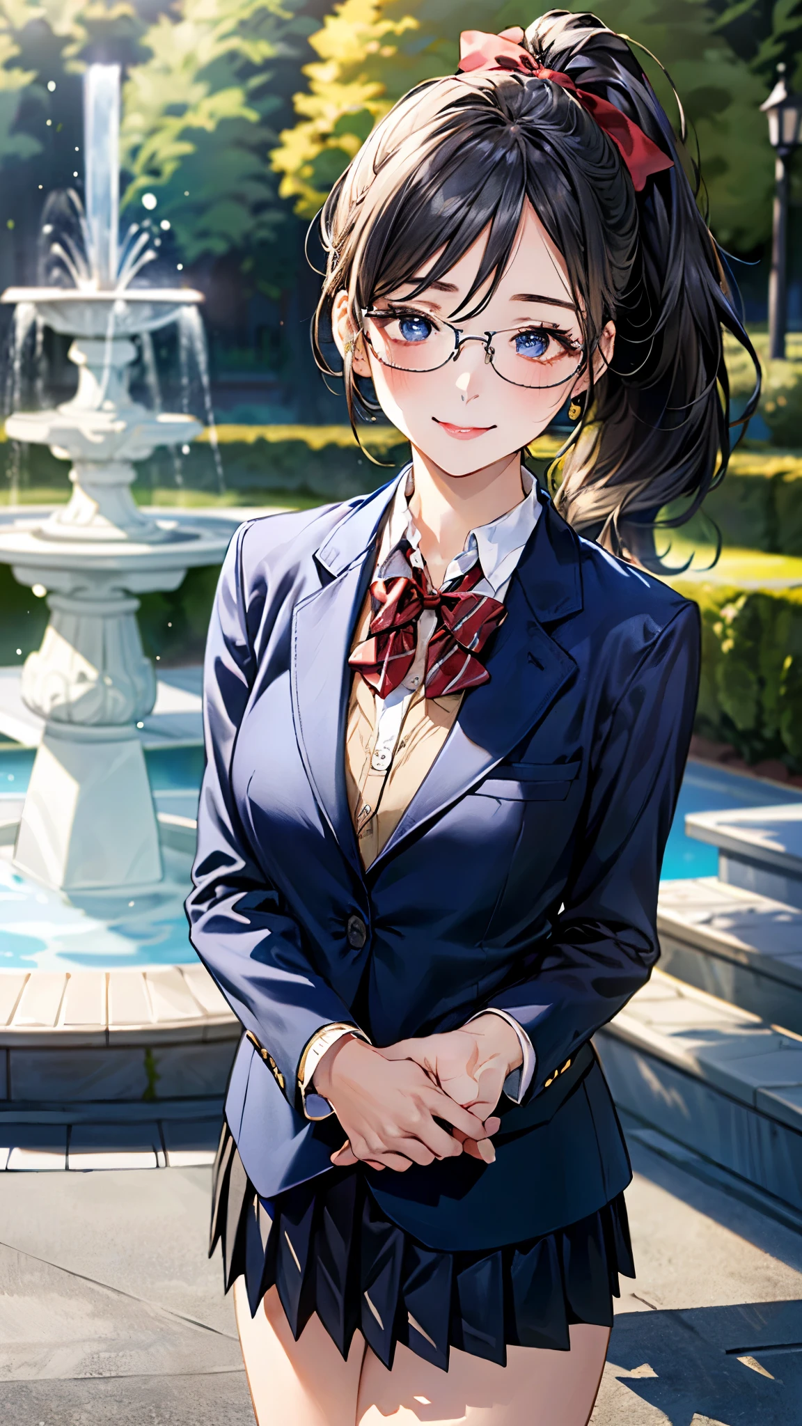 (masterpiece:1.3, top-quality), ultra high res, ultra detailed, (realistic, photorealistic:1.4), beautiful illustration, perfect lighting, natural lighting, colorful, depth of fields, 
beautiful detailed hair, beautiful detailed face, beautiful detailed eyes, beautiful clavicle, beautiful body, beautiful chest, beautiful thigh, beautiful legs, beautiful fingers, 
looking at viewer, 1 girl, high school girl, perfect face, (perfect ???????, anatomically correct), cute and symmetrical face, babyface, , shiny skin, 
(long hair, ponytail, black hair), parted bangs, , dark blue eyes, drooping eyes, big eyes, long eye lasher, (medium breasts), slender, 
(((navy blazer, close blazer), collared white shirt, navy pleated skirt, red bow tie), black-rimmed glasses), navy school socks, 
(beautiful scenery), evening, (park, fountain), standing, hand between legs, (lovely smile, upper eyes), 