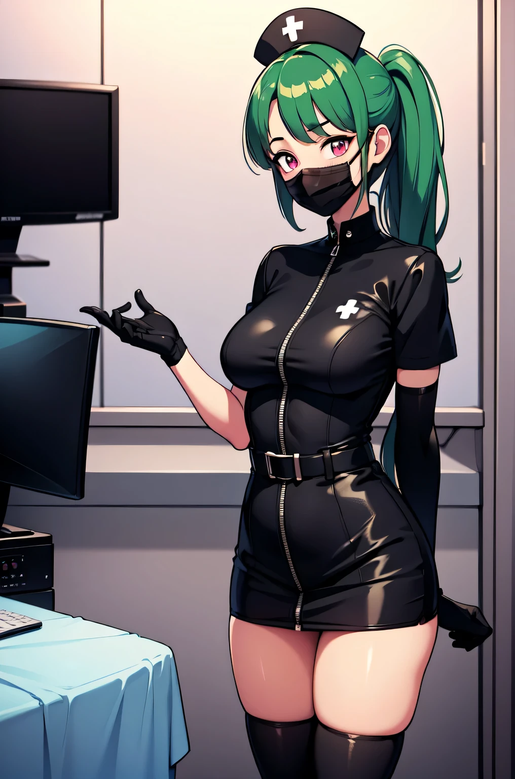black nurse, 1girl, solo, black nurse cap, black nurse uniform, ((black legwear, zettai ryouiki)), black elbow gloves, ponytail, green hair, pink eyes, ((black surgical mask, covered nose)), standing, ((surgery room)), sharp outline, short sleeves, best quality, masterpiece