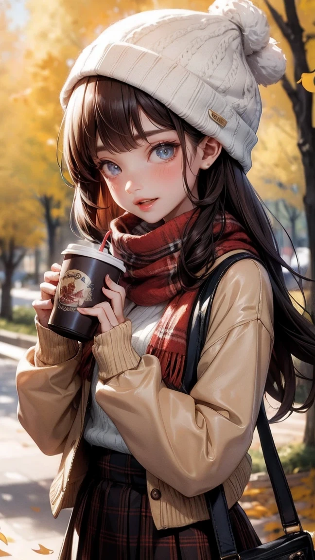 Cute Girl, cowboy shot,1girl, autumn leaves, bangs, black headwear, blurry background, blush, brown eyes, brown hair, brown scarf, brown skirt, cardigan, coffee, cowboy shot, cup, disposable cup, drink, falling leaves, beanie, holding, holding drink, leaf, long hair, long sleeves, looking at viewer, open cardigan, open mouth, plaid, plaid skirt, puffy long sleeves, red sweater, scarf, shirt, shirt tucked in, sidelocks, skirt, smile, solo, sweater, white shirt, extremely detailed, intricate, masterpiece, absurdres