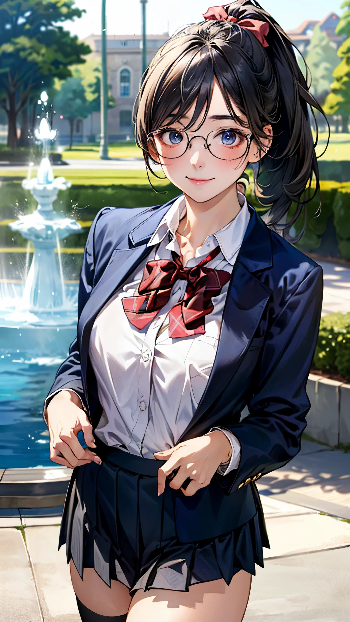 (masterpiece:1.3, top-quality), ultra high res, ultra detailed, (realistic, photorealistic:1.4), beautiful illustration, perfect lighting, natural lighting, colorful, depth of fields, 
beautiful detailed hair, beautiful detailed face, beautiful detailed eyes, beautiful clavicle, beautiful body, beautiful chest, beautiful thigh, beautiful legs, beautiful fingers, 
looking at viewer, 1 girl, high school girl, perfect face, (perfect anatomy, anatomically correct), cute and symmetrical face, babyface, , shiny skin, 
(long hair, ponytail, black hair), parted bangs, , dark blue eyes, drooping eyes, big eyes, long eye lasher, (medium breasts), slender, 
(((navy blazer, close blazer), collared white shirt, navy pleated skirt, red bow tie), black-rimmed glasses), navy school socks, 
(beautiful scenery), evening, (park, fountain), standing, hand between legs, (lovely smile, upper eyes), 