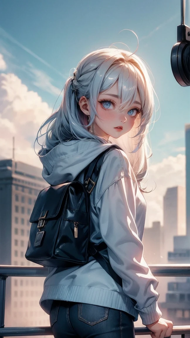 Cute Girl, cowboy shot,masterpiece, top quality, highly detailed, Unity 8k wallpaper, (riding a crane truck), firmament, girl 1 person, heavy machinery, gradient hair, hair between eyes, ahoge, : 16,ooking back, pretty face, white neeso,