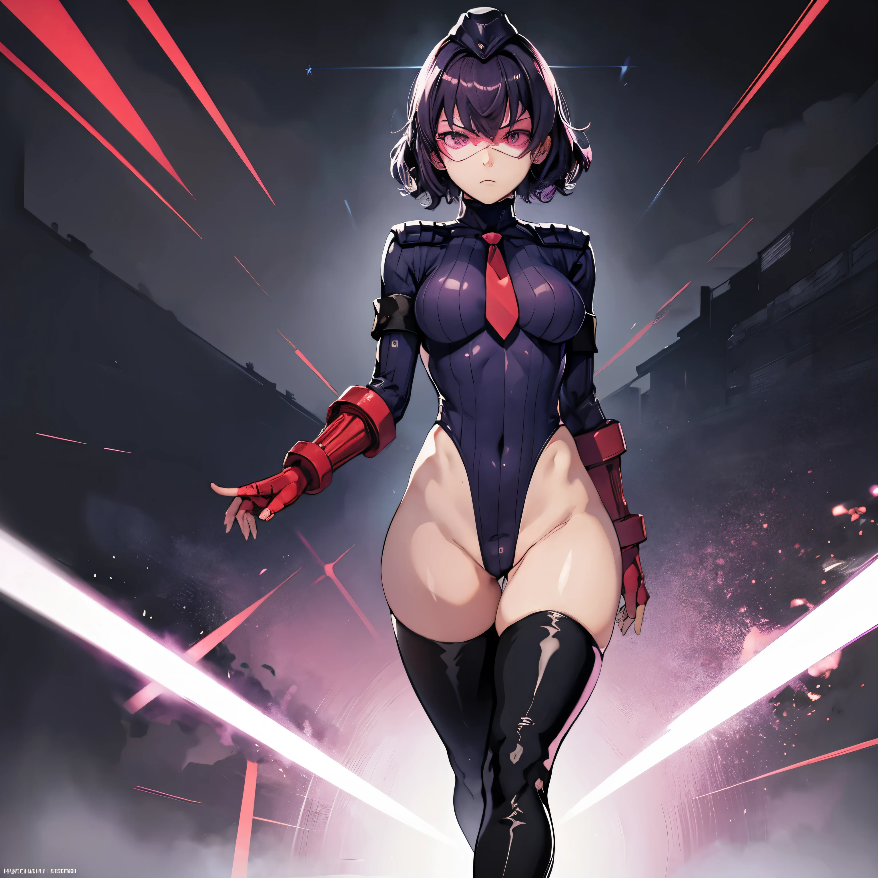 ultra-detailed, Explicit, Beautiful body, Beautiful Nose, Beautiful character design, perfect eyes, perfect face, ultra highres, 4K, beautiful legs, perfect legs, Nice hands, Perfect hand, Masterpiece, Best Quality, Highly detailed, illustration, absurdres, perfect anatomy, street fighter, doll suit, shadaloo doll, dollsuit, expressionless, blank eyes, looking at viewer, red gloves, emotionless, black latex, corruption, mind control, female combatant, full body, hypnotized, unhappy trance, full body suit, ribbed bodysuit, both arms at side, obey, perfect female body, extremely glossy latex, hypnosis, hypnoLora, empty eyes, Mind control device, poses, submissive_pose, Slave, standing straight, standing, standing at attention, hat, necktie, belt, latex, ribbed bodysuit, thigh Highs, garter belt, Fighting Stance, extending the right arm from the shoulder into the air with a straightened hand, military, thigh boots, black pantyhose, collar, (((pixel-perfect, detail-perfect))), solo, 1girl, hair ornaments, RIPPERNORMAL, PURPLE HAIR,SHORT HAIR,MULTICOLORED HAIR, ,RED EYES,HEAD-MOUNTED DISPLAY, (TINTED EYEWEAR:1.2), apocalyptic background, multiple girls, battle, crowd, blood splatter, fleeing, grabbing, running, foreshortening, attack, fighting, holding weapon