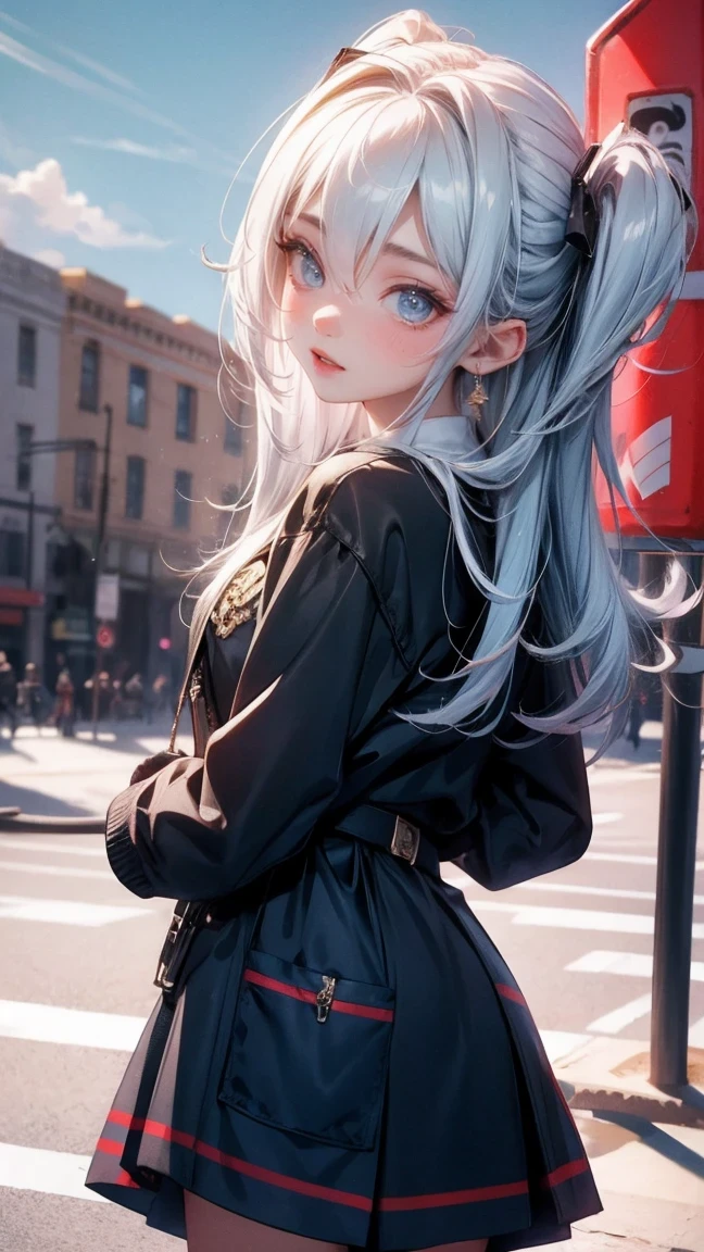 Cute Girl, cowboy shot,masterpiece, top quality, highly detailed, Unity 8k wallpaper, (riding a crane truck), firmament, girl 1 person, heavy machinery, gradient hair, hair between eyes, ahoge, : 16,ooking back, pretty face, white neeso,