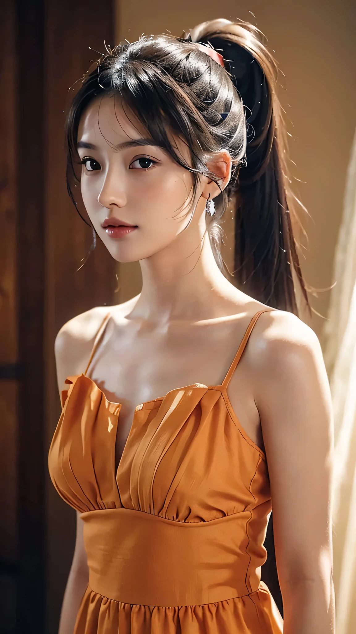 Orange colored long dress with lots of ruffles, softly shaped skirt,Spotlight on stage,close-up of face, One woman,fully body photo,masutepiece, The highest image quality, High quality, the background is clear，Beautiful woman, Japanese, Detailed, Detailed eyes, Detailed skin, Beautiful skin, 超hight resolution, (reality: 1.4),Very beautiful woman, Slightly younger face, Beautiful skin, slender, (Ultra photo realsisim), (hight resolution), (8K), (Very detailed) (beautifully detailed eyes), (super detailed),   (Detailed face), view the viewer, Fine details, Detailed face, Staring straight ahead, Staring straight ahead, photos realistic, Bright lighting, Professional Lighting, Black hair,poneyTail,a baby face,sixteen years old,Hairstyle is ponytail,long ponytail hairstyle,slight smile,