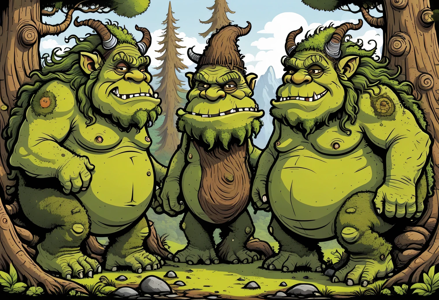 The aesthetics of vector graphics, a complex picture of vector graphics, a surreal image of two large humpbacked forest trolls with gnarled trees and bushes growing on their humps, the humps of the trolls are covered with moss and grass, gnarled trees grow around the trolls forming a single vector image ensemble, vector graphics, high resolution, clear contours, multicolored gradients, white background, logo