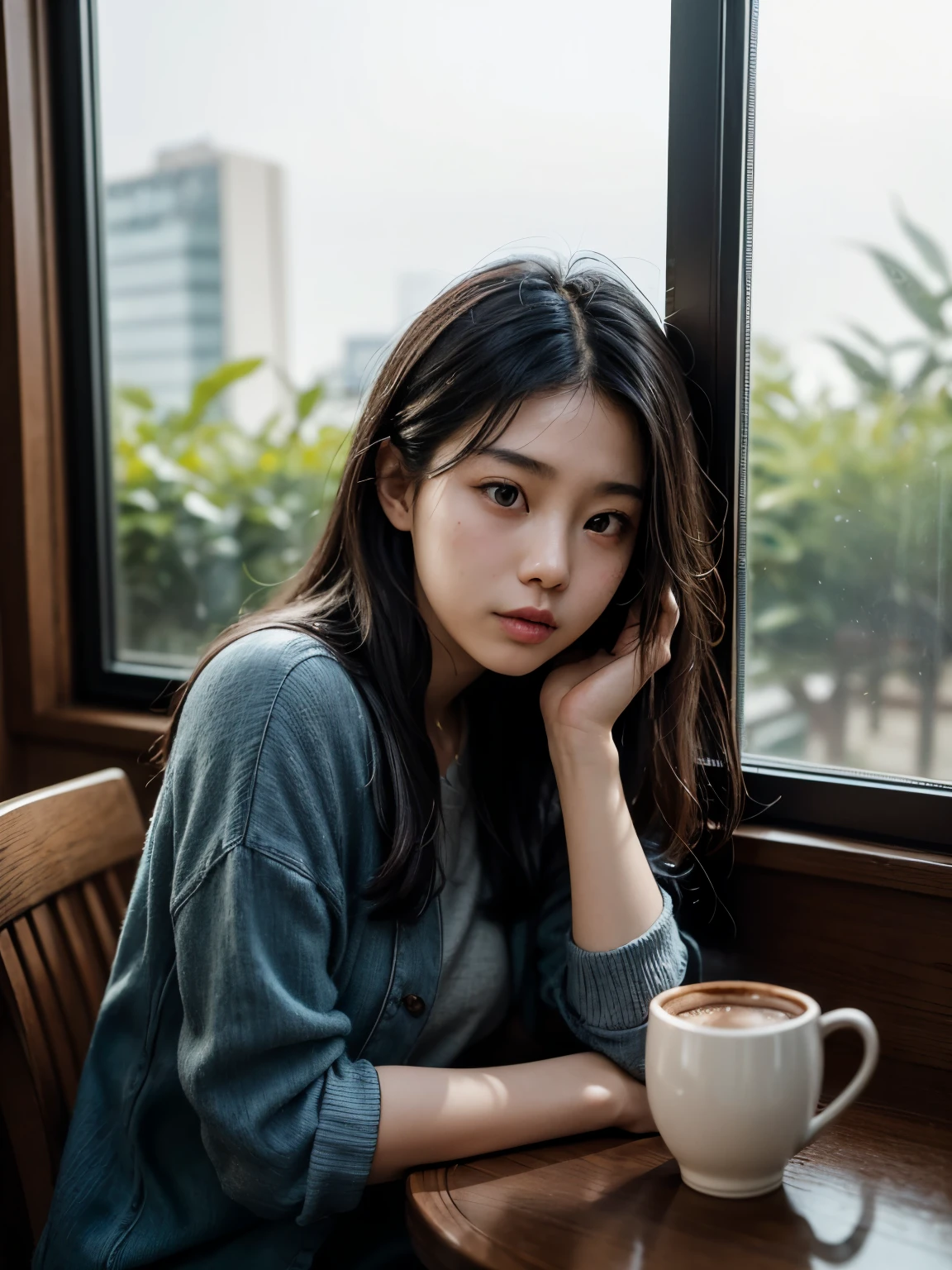 there is a woman sitting at a table with a cup of coffee, a picture by Emma Andijewska, unsplash, realism, lofi portrait at a window, a young asian woman, young asian girl, young asian woman, leaning against the window, mid shot portrait, infp young woman, lofi portrait, near a window, 3 5 mm portrait