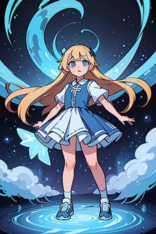 12 year old girl. blonde hair with blue high-lights. blue eyes. wearing an ocean dress . wearing blue sneakers. wearing white. standing straight. arms at the side. facing forward.whole body can be seen. cosmic background.
