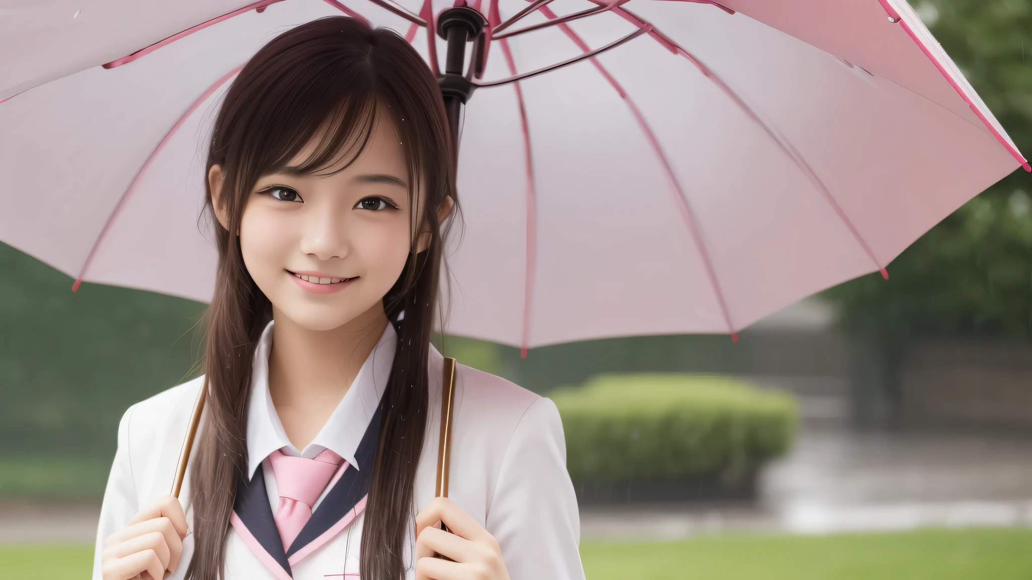 (1girl), (17yo), (young face:1.2), shy smile, (Best Quality:1.4), (Ultra-detailed), (extremely detailed beautiful face), Amazing face and eyes, brown eyes, (highly detailed Beautiful face), (high school uniform:1.2), (extremely detailed CG unified 8k wallpaper), Highly detailed, High-definition raw color photos, Professional Photography, Realistic portrait, Extremely high resolution, cute smiling, (rain, cute pink umbrella:1.3) ,