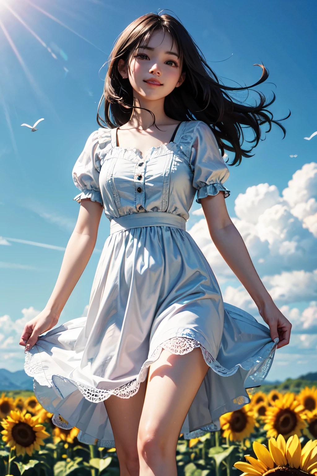 very cute and beautiful girl,frilled white summer dress with detailed lace,(highly detailed beautiful face),
standing in middle of sunflower field,beautiful summer sky,(smile:1.2),delight,black hair,mid shot,stylish pose,detailed legs,
(best quality,masterpiece:1.0),absurdres,highres,ultra-detailed,extremely detailed,32k,8k resolution,
intricate details,cinematic scene,detailed background,solo,dynamic angle,
solo,hair fluttering in the wind,