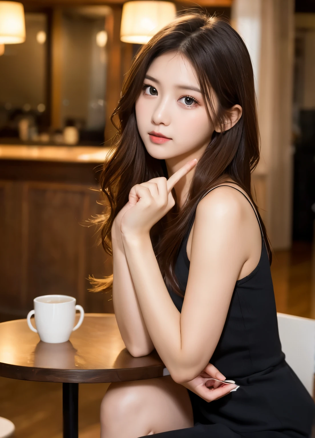 ulzzang-6500-v1.1, (Raw photo:1.2), (Photoreal), beautiful detailed girl, (See-through:1.3), (genuine: 1.4), very detailed目と顔, beautiful and fine eyes, elegant long dress、huge file size, High resolution, very detailed, highest quality, [masterpiece:1.6], enlightenment, very detailed, nffsw, finely, highest quality, 8k wallpaper, movie lighting, 1 girl, , perfect body shape, Cute sagging eyes、beautiful big eyes、pick finger, ((table top)), highest quality, 1 girl, eye shadow, Upper body, portrait, ((full body shot:1.2))、

