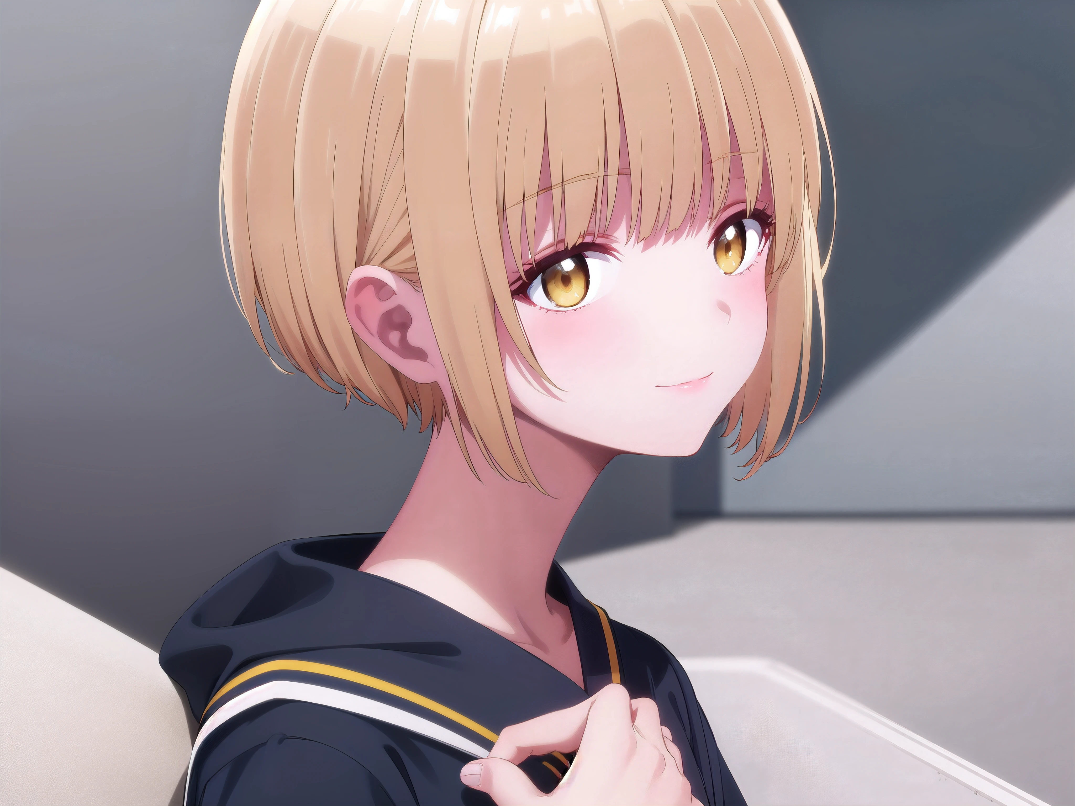 (((pixel-perfect, detail-perfect))), HDR, 4K, 1girl, solo, exposed back, looking at viewer, upper body, blonde hair, bob_hair, short-hair, short bob hair, (((bobcut))), ((haircut:1.3)), undercut, bobbed hair, minibob, sidecut, buzz haircut, sidecut, yellow eyes, Short ear hair, graduation bob, straight short hair, smile