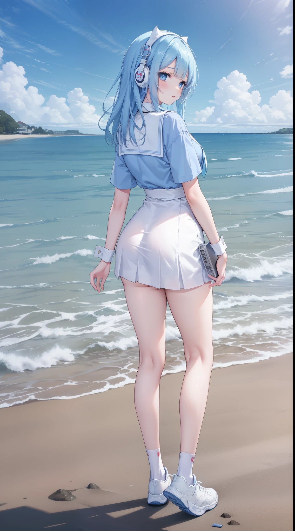 girl, solo, full body, from head to toe, beautiful body, perfect body, nice body, Huge_Breas

standing in the beach, from behind,
 
shifty, cat ear headphones, blue shirt, sailor collar, white skirt, wrist cuffs, socks, sneakers,

official art, extremely detailed CG unity 8k wallpaper, perfect lighting, Colorful, (best_quality:1.0), ultra high res,4K, ultra-detailed, 8K, HDR, high resolution,  absurdres:1.2, film grain, (vibrant_color:1.2), (narrow waist),