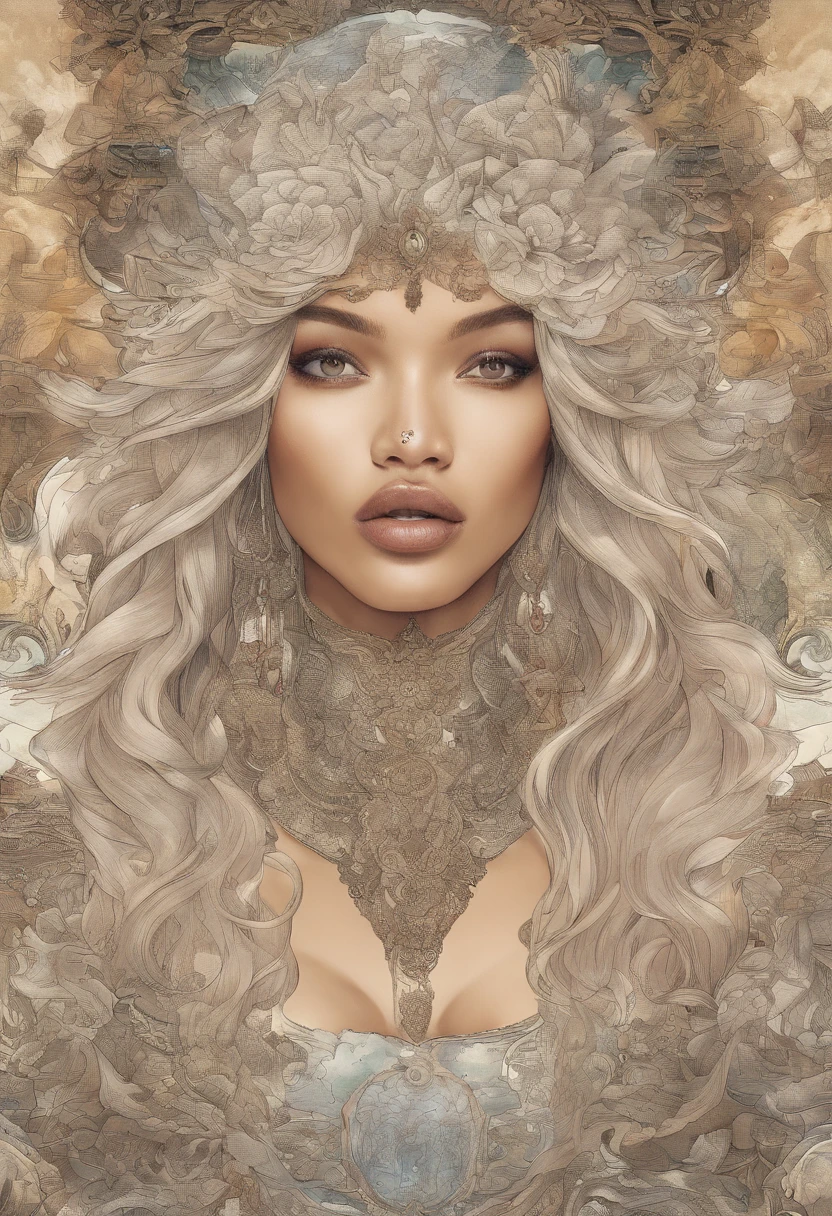 Jourdan Dunn (BODY: 1.1), Mayte Michelle Rodriguez's (face: 1.2), Gemma Chan's (lips:1.1), Jessica Alba's (nose:1.1), Ashley Graham's (face:1.1), Rihanna's (eyes:1.4), sensual pose, full red lips, beautiful body 19 years old, Alone, long blonde hair, Colossal, has blonde hair (brown dark, curly, flowing: 1.1), realistic, sexy woman, full body, full body tattoo, Absurd Resolution, high resolution, (art: 1.4), hyperdetail, connected open mouth (1.3), in the sky, attention to detail