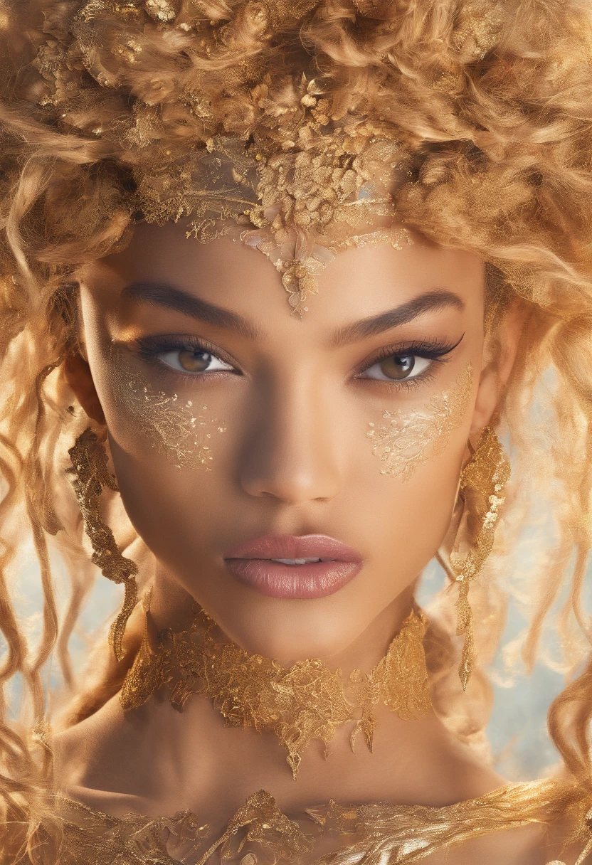 Jourdan Dunn (BODY: 1.1), Mayte Michelle Rodriguez's (face: 1.2), Gemma Chan's (lips:1.1), Jessica Alba's (nose:1.1), Ashley Graham's (face:1.1), Rihanna's (eyes:1.4), sensual pose, full red lips, beautiful body 19 years old, Alone, long blonde hair, Colossal, has blonde hair (brown dark, curly, flowing: 1.1), realistic, sexy woman, full body, full body tattoo, Absurd Resolution, high resolution, (art: 1.4), hyperdetail, connected open mouth (1.3), in the sky, attention to detail