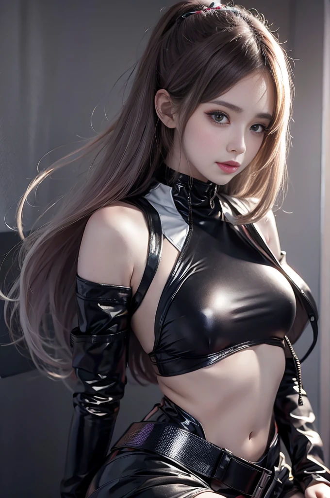 Realistic, Painting, Lucy (cyberpunk), portrait, One girl, Beautiful face, Asymmetrical hair, Belt, Bodysuit, Covered mouth, Covered navel, Detached sleeves, Gray eyes, Hip vent, Open jacket, Night, Cute, Look Viewer,Pleated skirt.