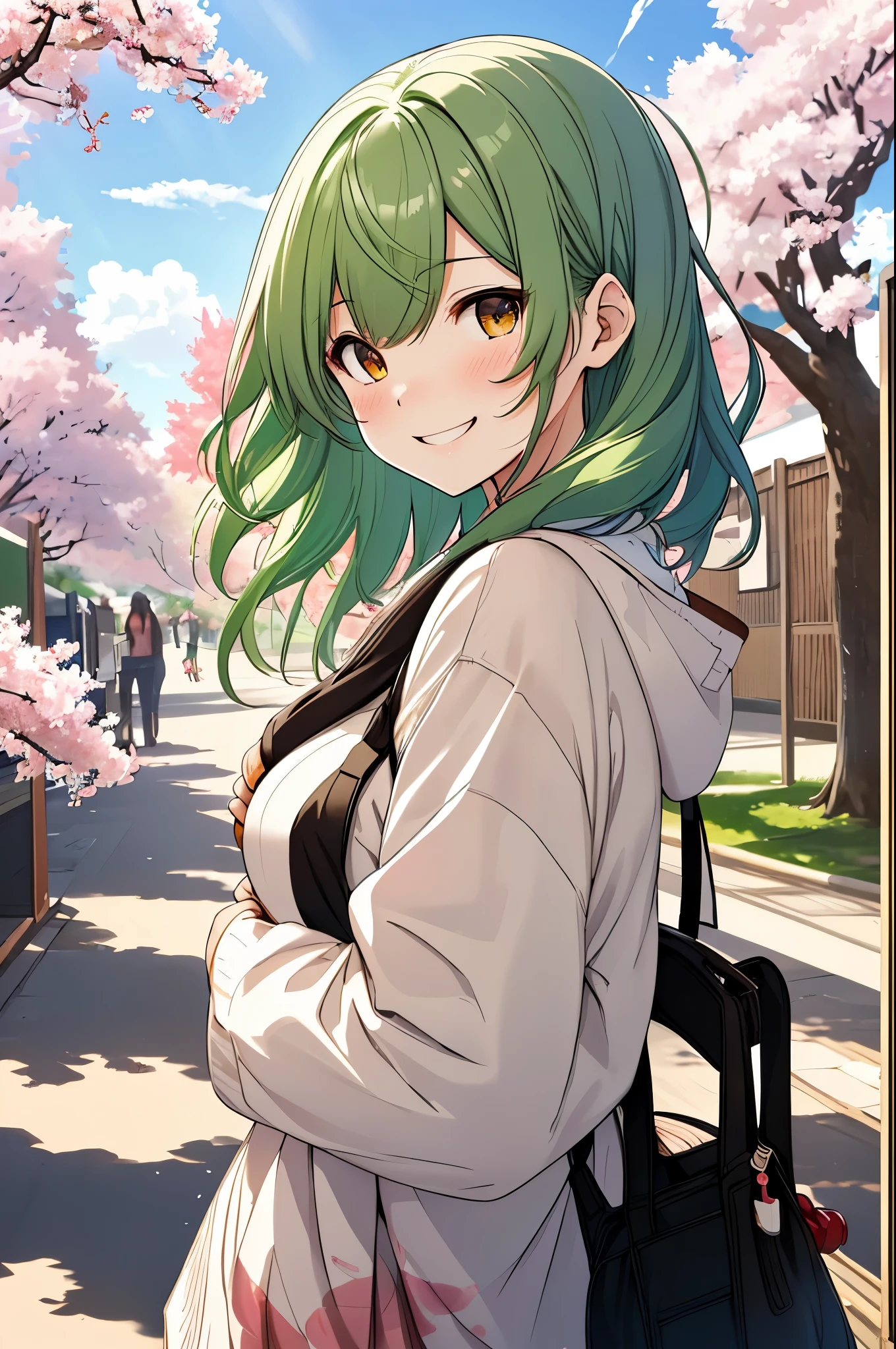 girl, on campus, cherry blossoms, simple canvas style painting style), (Bright and fresh color matching), (shy smile, natural behind the handle), (mid spring, 通りの両側には見事なcherry blossoms並木が) (beautiful blue sky and white clouds, soft and colorful, sunlight), simple background,green hair