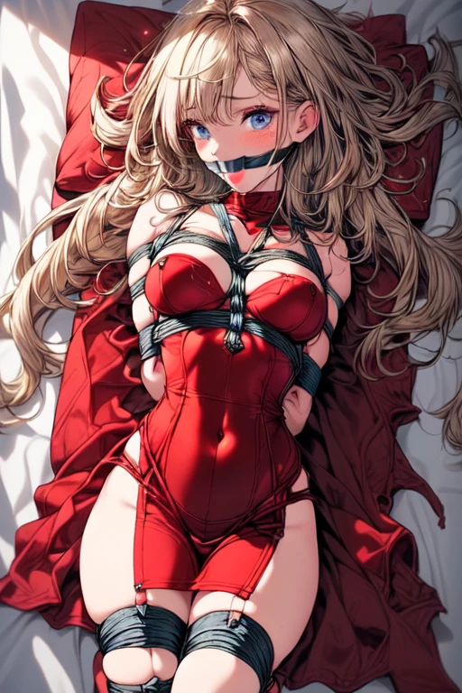 Shiny blond hair, very long hair, sophisticated haircut, ((((hair fully braided)))), ((small twisted braids)), thin and oval face, submissive, (((detailed ball-gagged:1.3))), ((((gagged)))), (((((very transparent red dress))))), ((((we can see her skin through her transparent dress:1.4)))), cute and blushing 18 years old anime girl, look away because she is embarrassed and blushes, bright blue eyes, detailed face, detailed members, detailed arms, detailed hands, ((((sparkling diamond jewelry)))), tiara, ((makeup)), high heels, puffy sleeves, long gloves, long eyelashes, Girl lying, tied by ropes, shackled, can no longer move, tied tightly, very hard tied up with lots of ropes, hampered by so many ropes that she can no longer move, bound hands and feet, ropes tie his whole body, tied extremely tightly and forcefully to her bed by a lot of ropes, its limbs are strongly tied together by ropes, his torso is tied up with thick cords, her chest is so tied up with ropes that it sticks out, her legs are tied tightly with thick ropes, his hands are tied behind his back with ropes, she can no longer move her feet, her hands which are tied by thick ropes, she desperately tries to free herself, likes to be tied tight with big ropes, likes to be immobilized by big ropes, lying down, his hands and feet are strongly tied to the railing of his bed, his legs are pressed together and tied with ropes, its limbs are held vigorously by imposing ropes, her hands are tied securely behind her back by ropes, her chest is compressed by strong ropes, she is pressed against her bed and restrained by large ropes (shibari, arms behind the back:1.4), (hands on the back), (masterpiece, best quality) 1.5, 1girl, solo, (sexy, beautiful woman, perfect face, perfect eyes, perfect hands), samus aran, (shibari, arms behind the back:1.4), (hands on the back), Spread the legs, s&#39; ((lie in bed by big ropes)), ((close up of the girl)), ((((lie in bed)))), ((((translucent dress:1.5))))