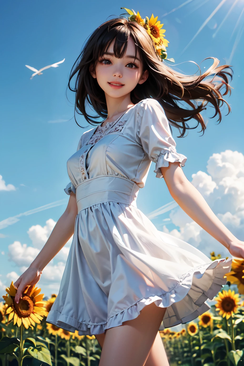 very cute and beautiful girl,frilled white summer dress with detailed lace,(highly detailed beautiful face),
standing in middle of sunflower field,beautiful summer sky,(smile:1.2),delight,black hair,mid shot,stylish pose,detailed legs,
(best quality,masterpiece:1.0),absurdres,highres,ultra-detailed,extremely detailed,32k,8k resolution,
intricate details,cinematic scene,detailed background,solo,dynamic angle,
solo,hair fluttering in the wind,