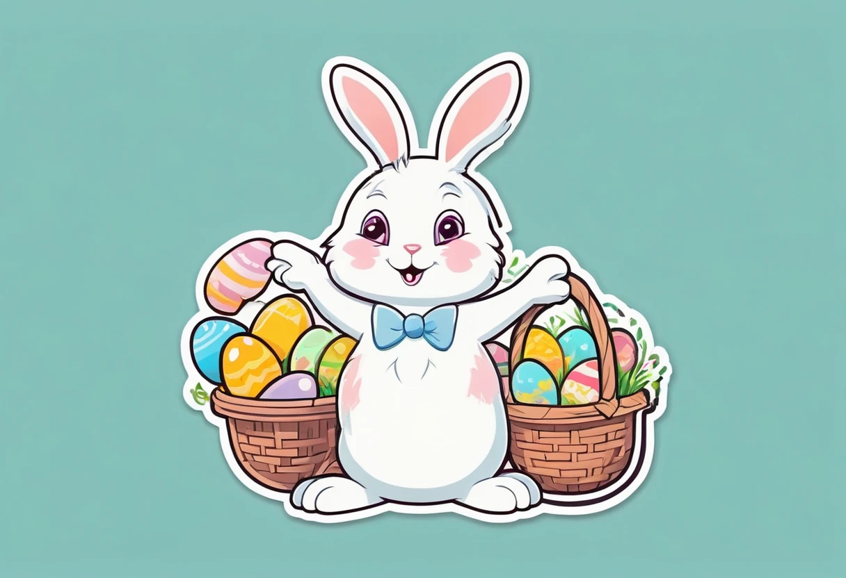 An animeshny anthropomorphic Easter bunny with a basket of colored eggs. Simple two-dimensional graphics in the style of stickers, simple pastel colors., sticker, 2d cute, fantasy, dreamy, vector illustration, 2d flat, centered, by Tim Burton, professional, sleek, modern, minimalist, graphic, line art, vector graphics