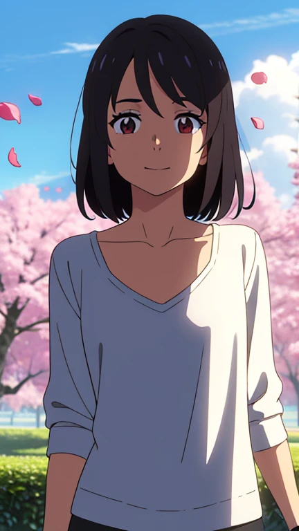 shinkai makoto, kimi no na wa., 1 chica, Golpes, PELO NEGRO, rubor, Ojos redondos, ojos brillantes, Brown eyes, diadema roja, Arco rojo, Red ribbon, cabello corto, cabello brillante, sonrisa, boca abierta, lindo, Hermoso, piel brillante, mirando al espectador, solo, clavicle, , Camisa blanca, mangas cortas, falda plisada negra, cereza_flores, descendente_petals, petals, rama, rosa_flor, blue_cielo, primavera_season, manos perfectas, tenencia_flor, viento, Cherry tree, cuerpo completo