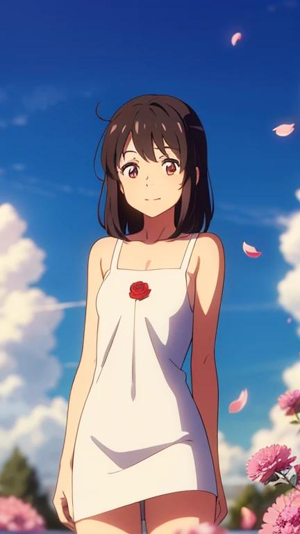 shinkai makoto, kimi no na wa., 1 chica, Golpes, PELO NEGRO, rubor, Ojos redondos, ojos brillantes, Brown eyes, diadema roja, Arco rojo, Red ribbon, cabello corto, cabello brillante, sonrisa, boca abierta, lindo, Hermoso, piel brillante, mirando al espectador, solo, clavicle, , Camisa blanca, mangas cortas, falda plisada negra, cereza_flores, descendente_petals, petals, rama, rosa_flor, blue_cielo, primavera_season, manos perfectas, tenencia_flor, viento, Cherry tree, cuerpo completo