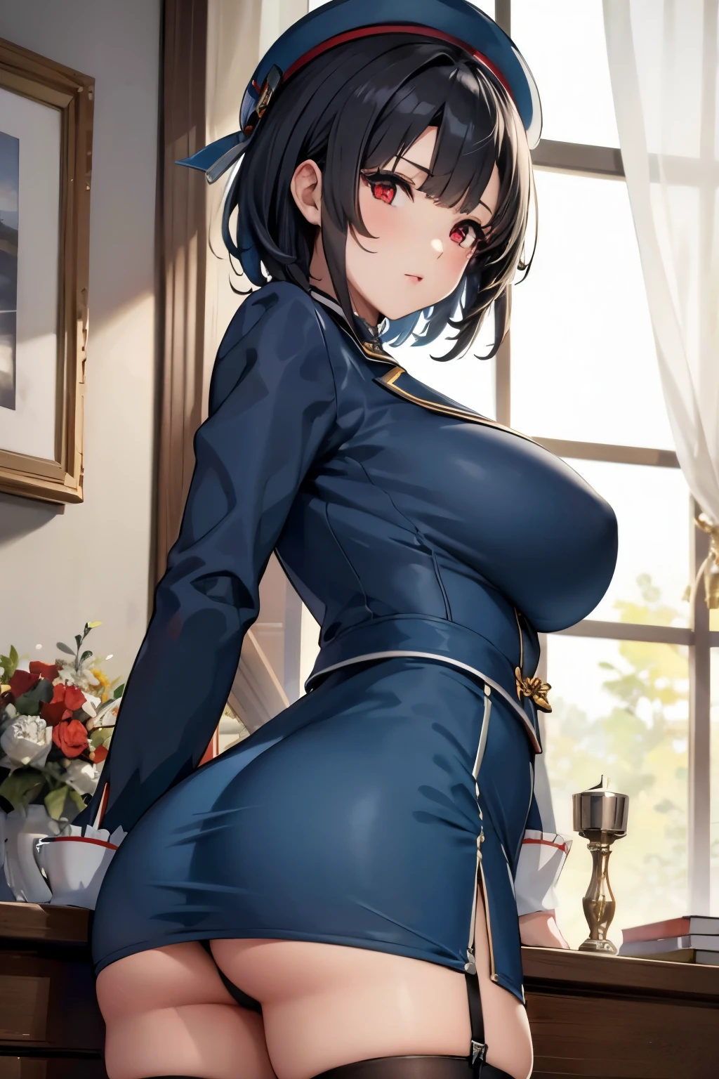 (masterpiece, best quality:1.2),illustration,8k,hd,1girl,solo,upper body,(portrait:1.2),takao \(kancolle\),black hair,red eyes,short hair,large breasts,long sleeves,hat,black gloves,black thighhighs,miniskirt,blue skirt,military uniform,beret,garter straps,blue jacket,blue headwear,pencil skirt,butt, panty shot, standing, ass, NSFW