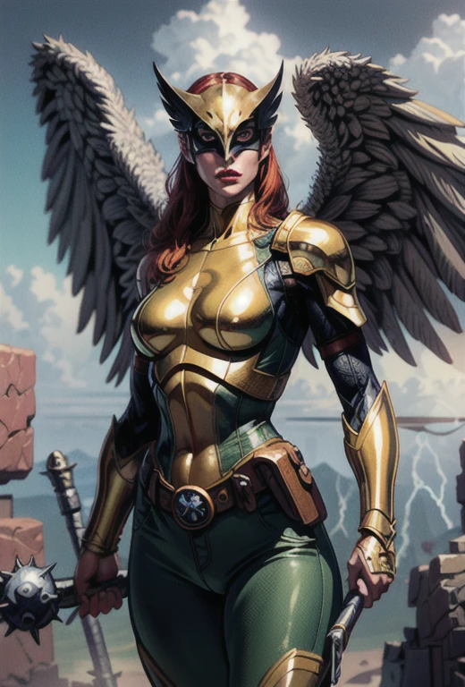 (cowboy shot), (masterpiece), (Best quality:1.0), (ultra high resolution:1.0), Highly detailed face and eyes, (Photorealistic:1.2)
BREAK ShayerDK, high detail face white eyes, a mask, metal Wings, Wings, holding a weapon, a larger spiked mace, electricity gold-blue plate armor, green pants, life, belt, Gorgeous breasts,
UNDERSTAND SKY, lightning, Clouds