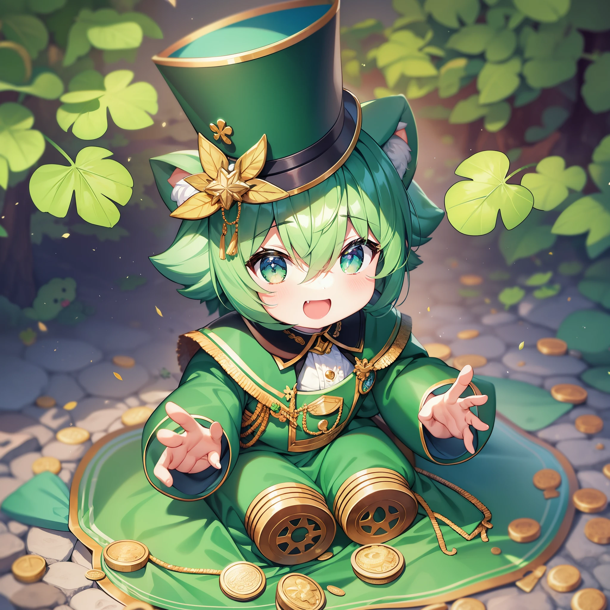 Digital storybook illustration、textured brushstrokes、c0l0r、fantasy character、Cute green bear cub wearing a green top hat、coins placed on the ground、four Leaf Clover、sitting on a pot of gold、rainbow、sharp focus、low detail、blurred foreground、8k resolution、playfulness